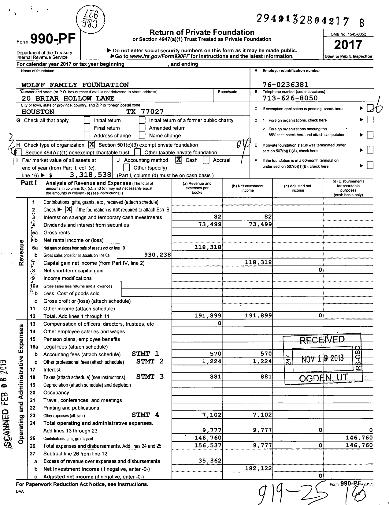 Image of first page of 2017 Form 990PF for Wolff Family Foundation