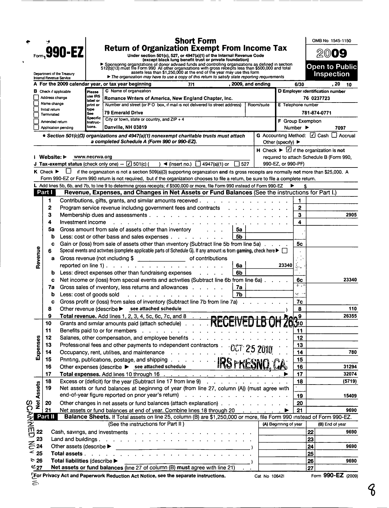 Image of first page of 2009 Form 990EO for Romance Writers of America Incorporated - 2 New England