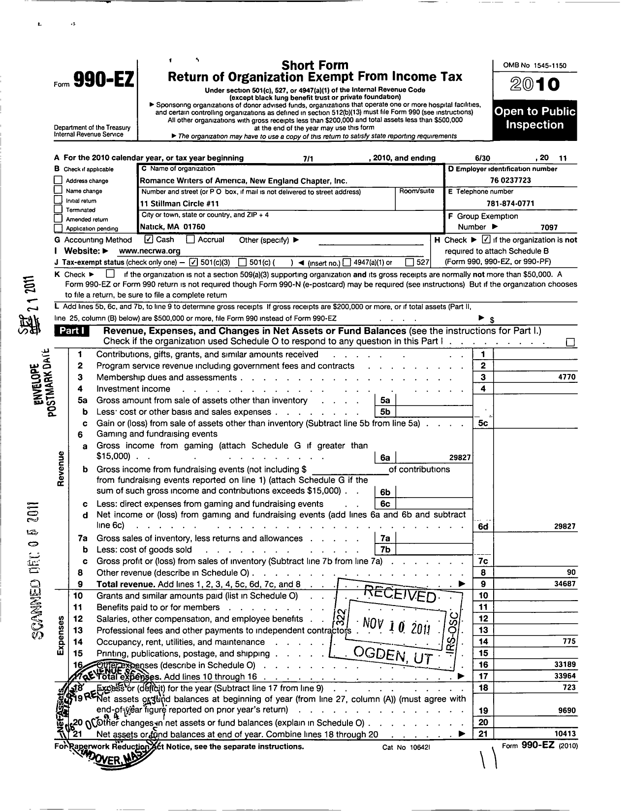 Image of first page of 2010 Form 990EZ for Romance Writers of America Incorporated - 2 New England