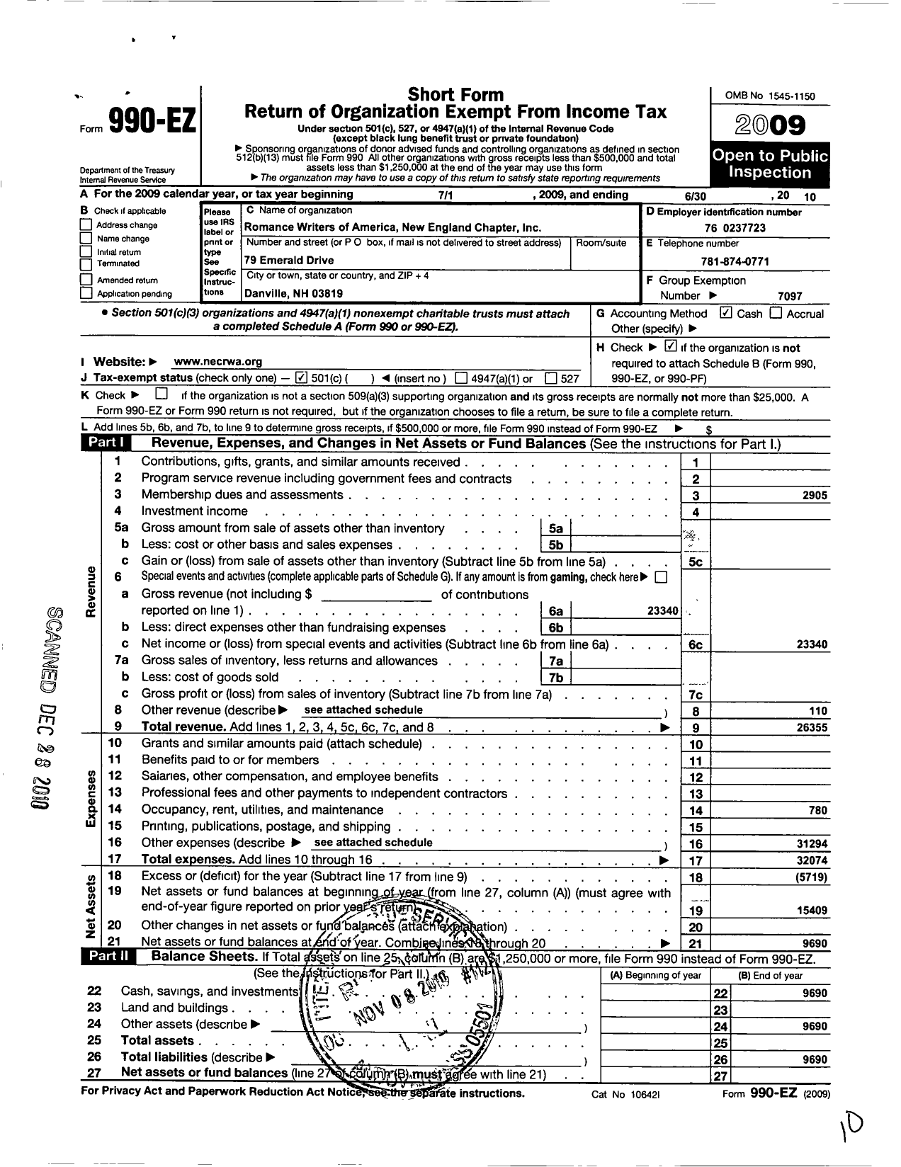 Image of first page of 2009 Form 990EO for Romance Writers of America Incorporated - 2 New England