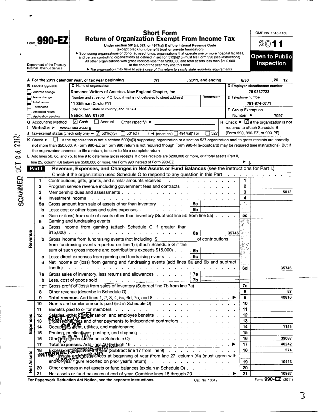 Image of first page of 2011 Form 990EZ for Romance Writers of America Incorporated - 2 New England