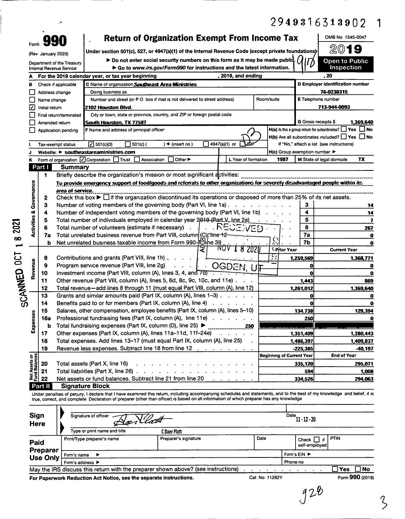 Image of first page of 2019 Form 990 for Southeast Area Ministries