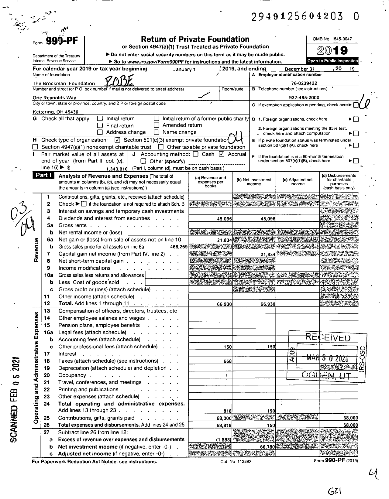 Image of first page of 2019 Form 990PF for The Brockman Foundation