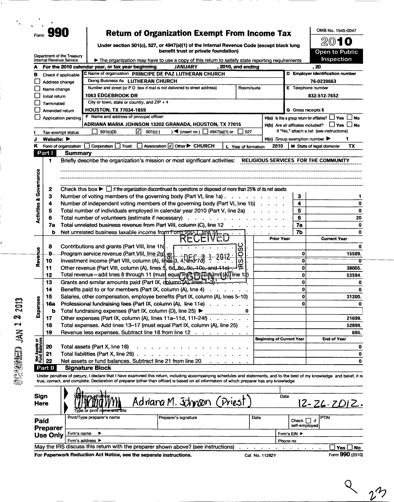 Image of first page of 2010 Form 990O for Principe de Paz Lutheran Church / Lutheran Church