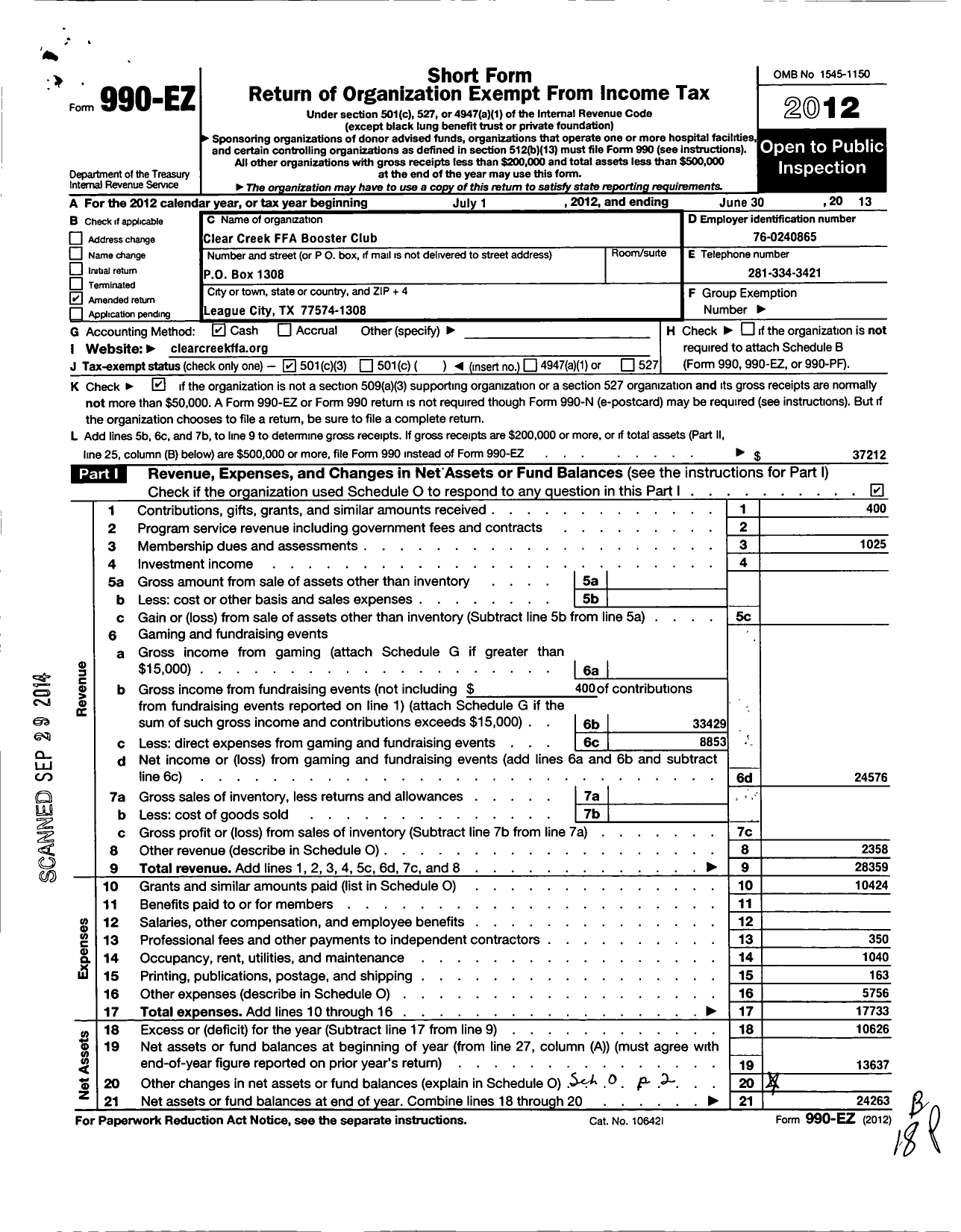 Image of first page of 2012 Form 990EZ for Clearcreek I S D Support Groups / Clear Creek HS Ffa Booster Club