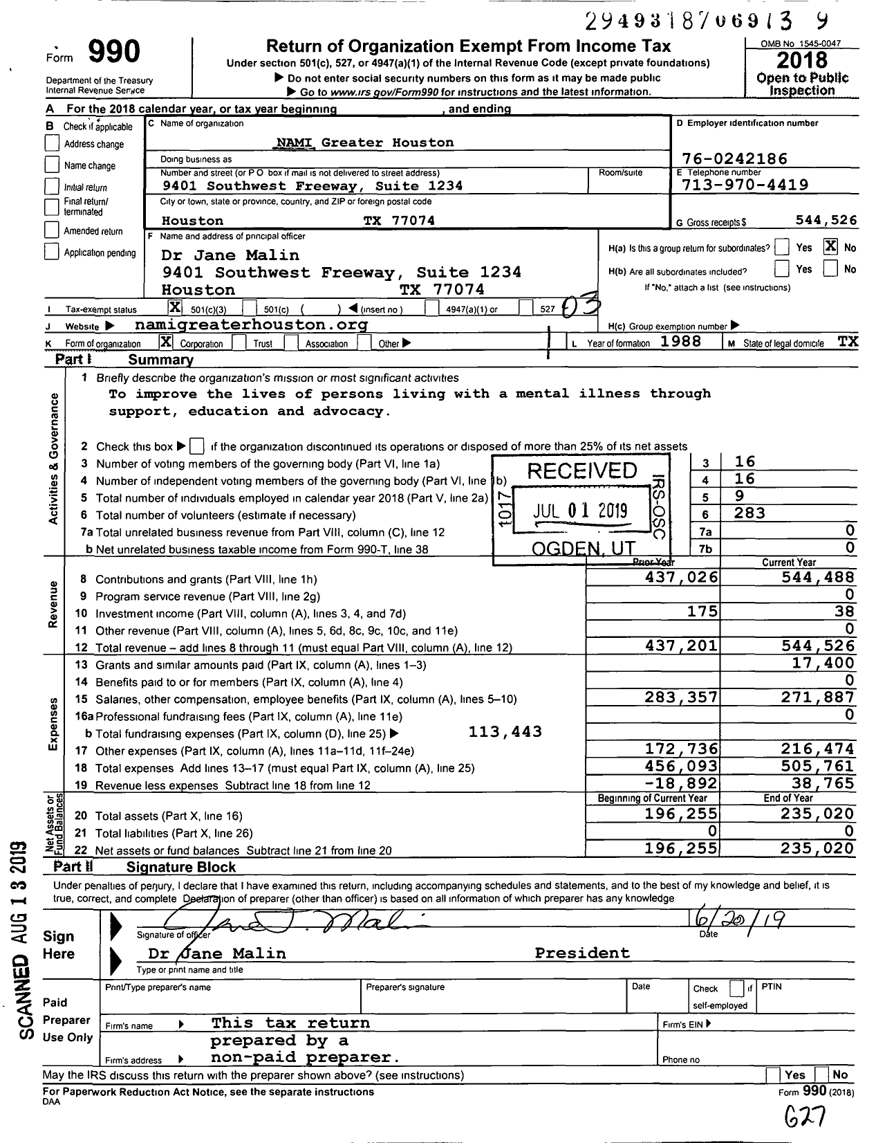 Image of first page of 2018 Form 990 for NAMI Greater Houston