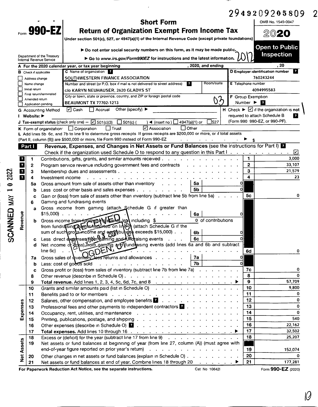 Image of first page of 2020 Form 990EZ for Southwestern Finance Association