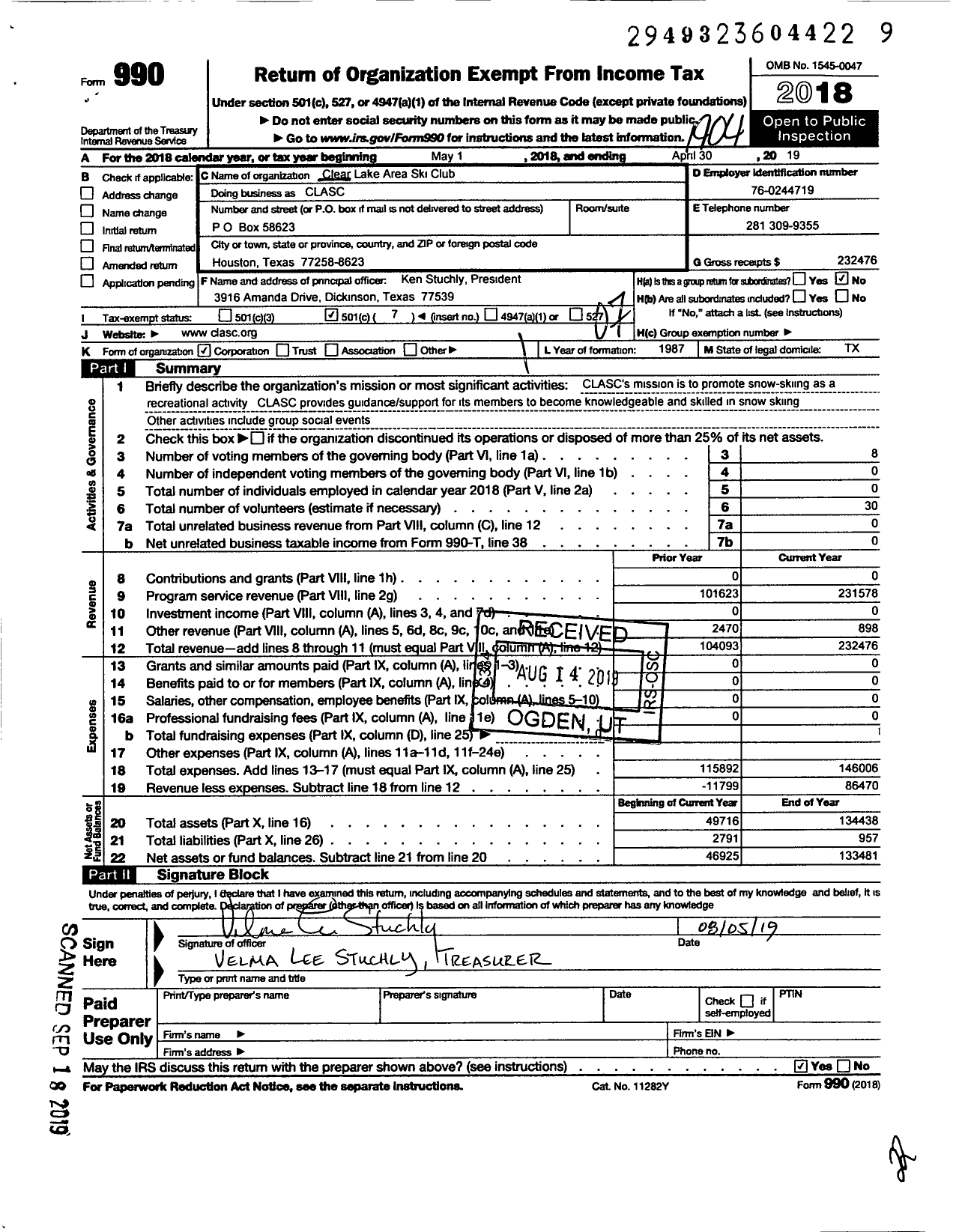 Image of first page of 2018 Form 990O for Clear Lake Area Ski Club