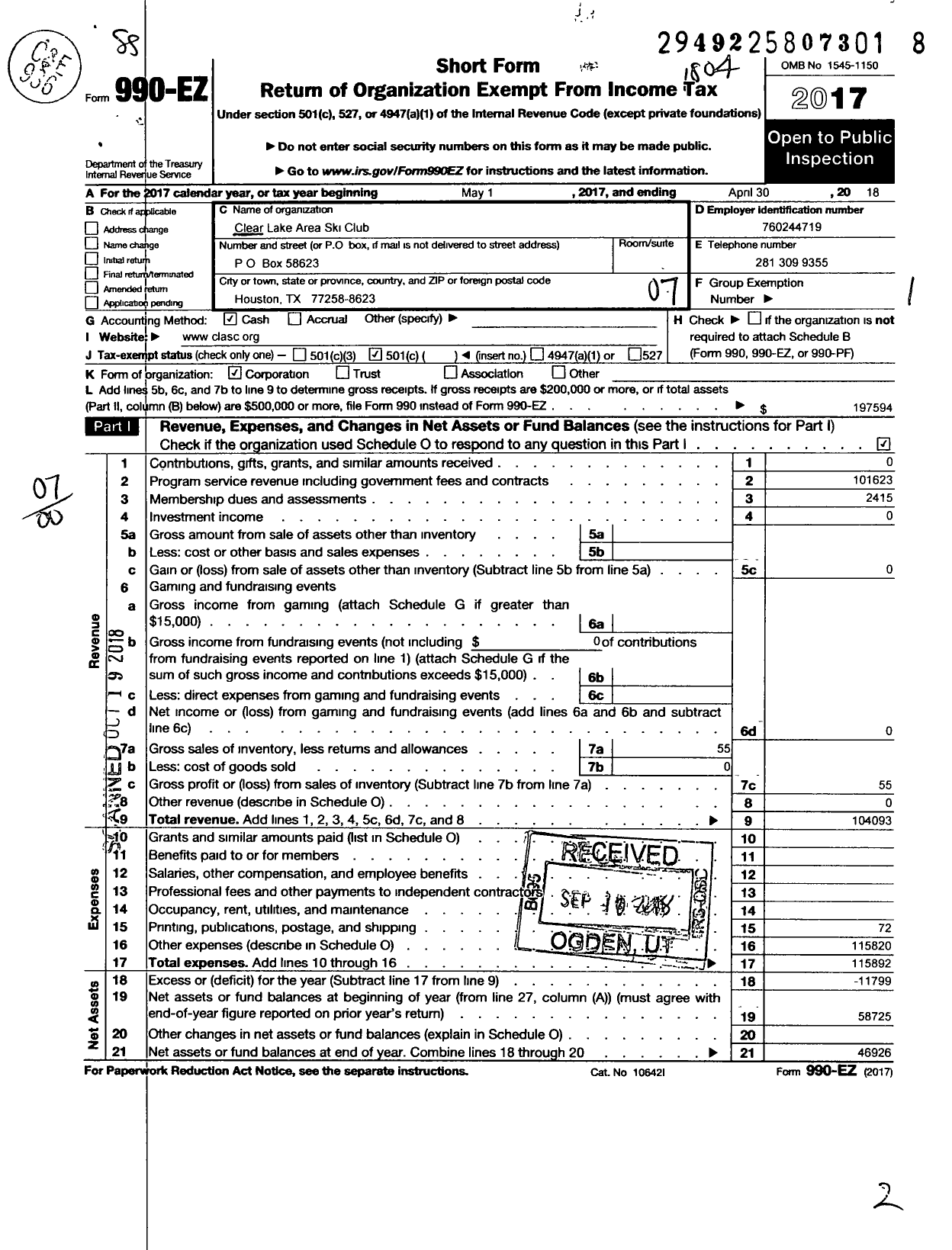 Image of first page of 2017 Form 990EO for Clear Lake Area Ski Club