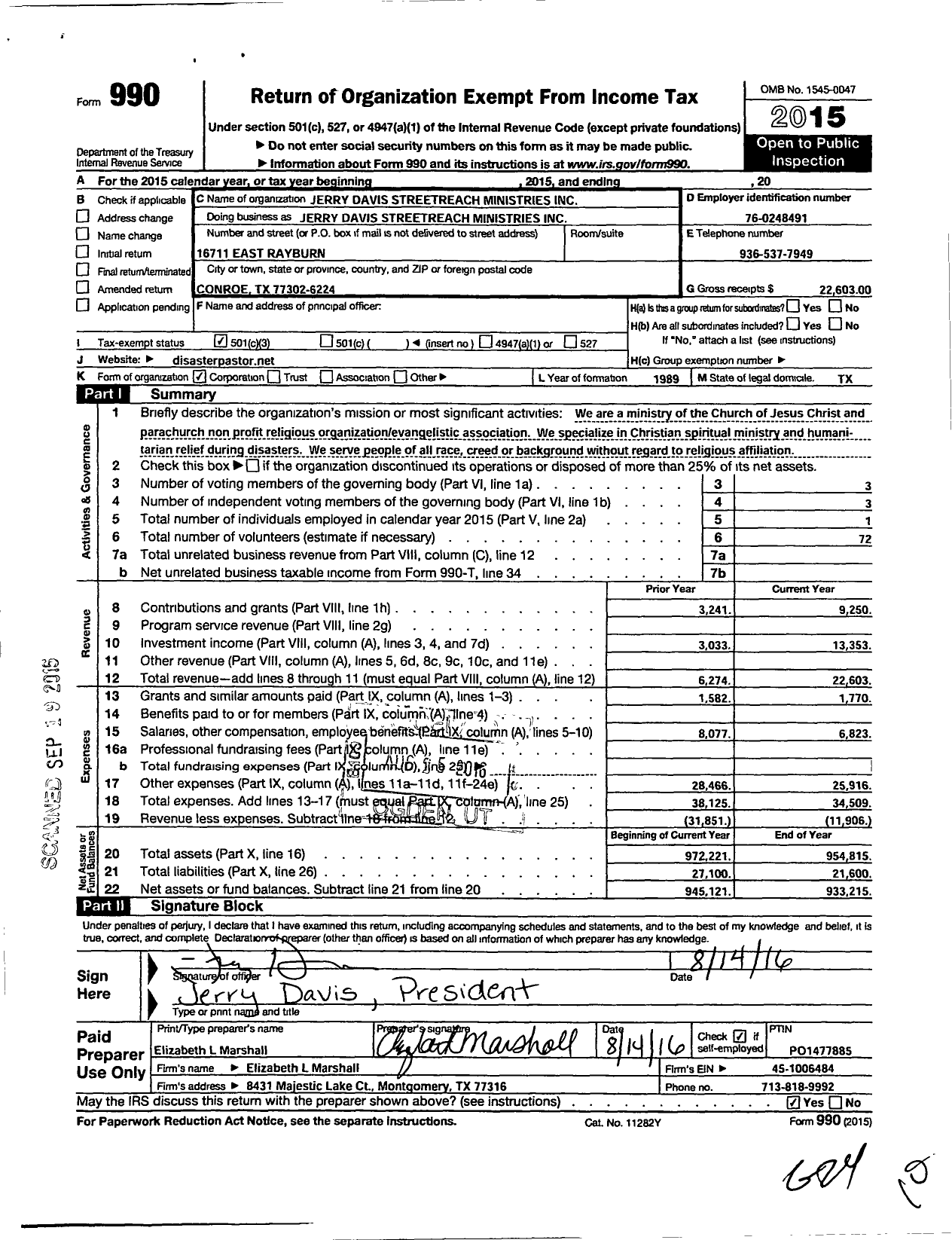 Image of first page of 2015 Form 990 for Jerry Davis Streetreach Ministries Incorporated