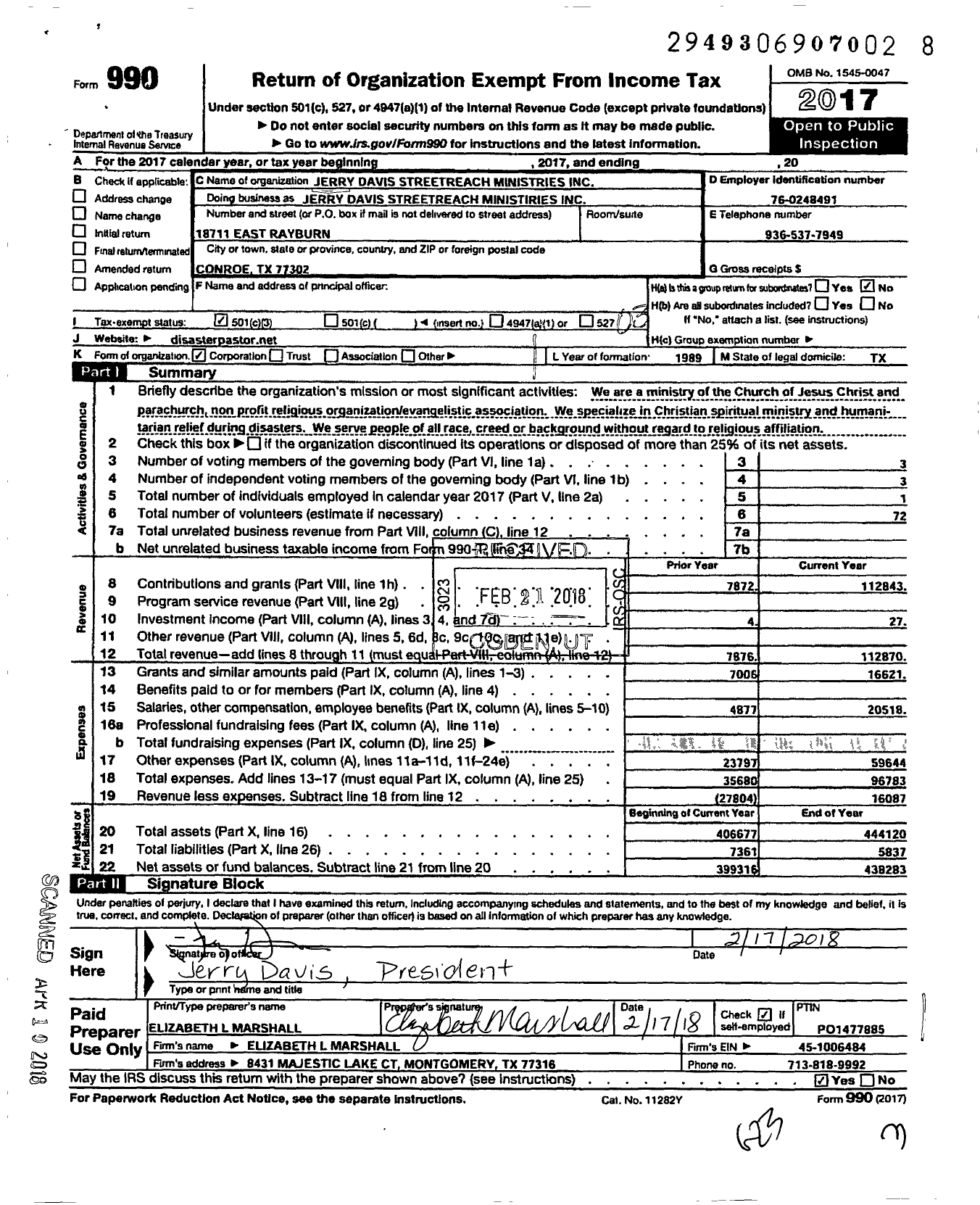 Image of first page of 2017 Form 990 for Jerry Davis Streetreach Ministries Incorporated