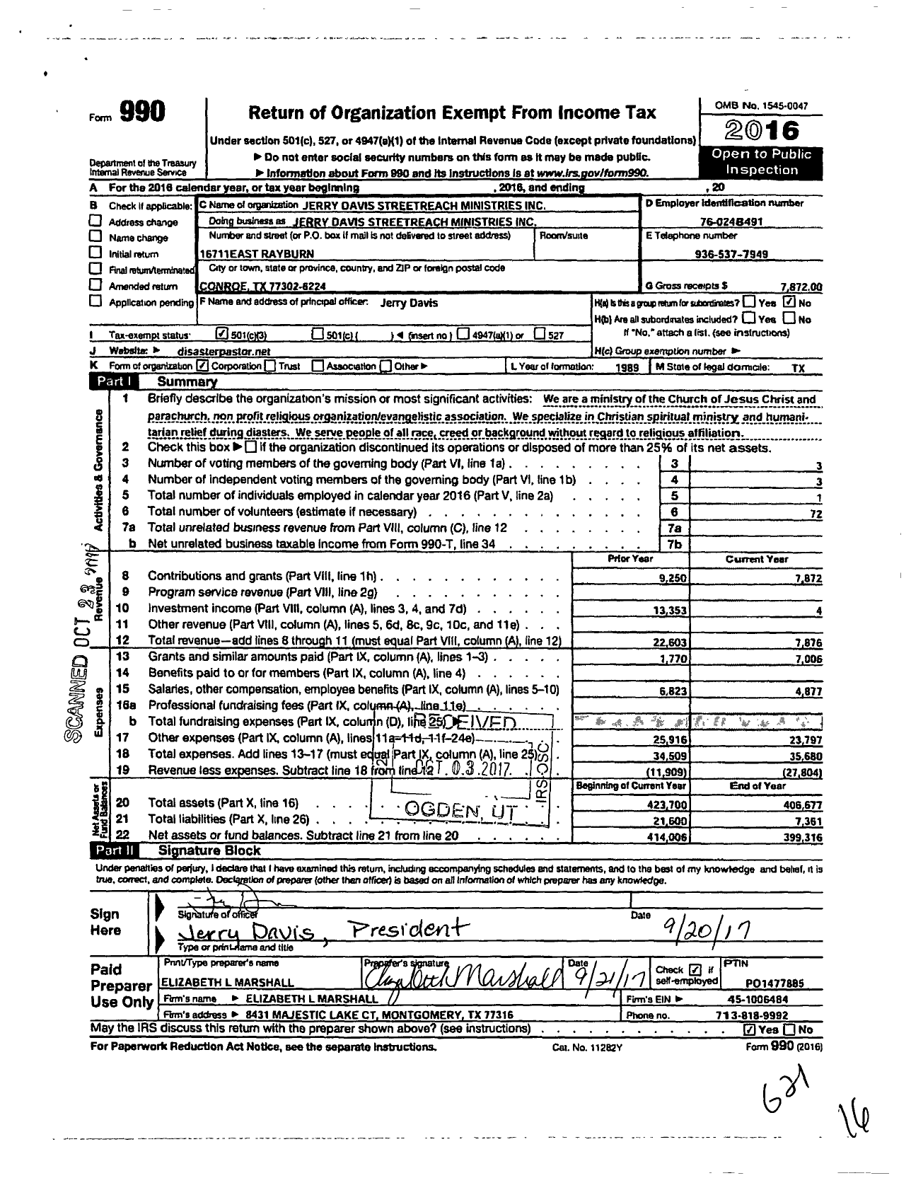 Image of first page of 2016 Form 990 for Jerry Davis Streetreach Ministries Incorporated