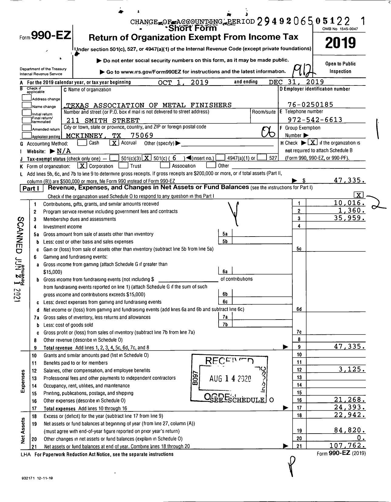 Image of first page of 2019 Form 990EO for Texas Association of Metal Finishers