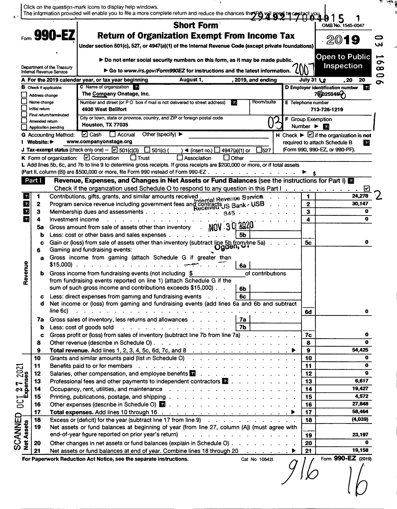 Image of first page of 2019 Form 990EZ for Company Onstage