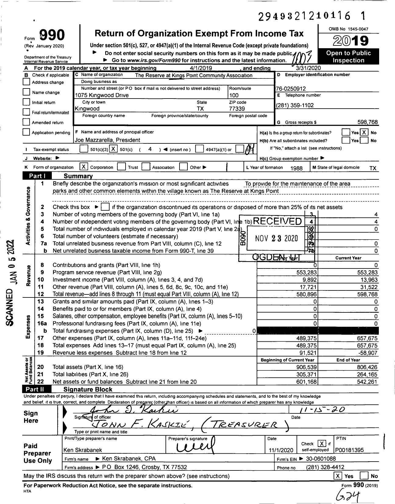 Image of first page of 2019 Form 990O for Reserve at King Point Community Association