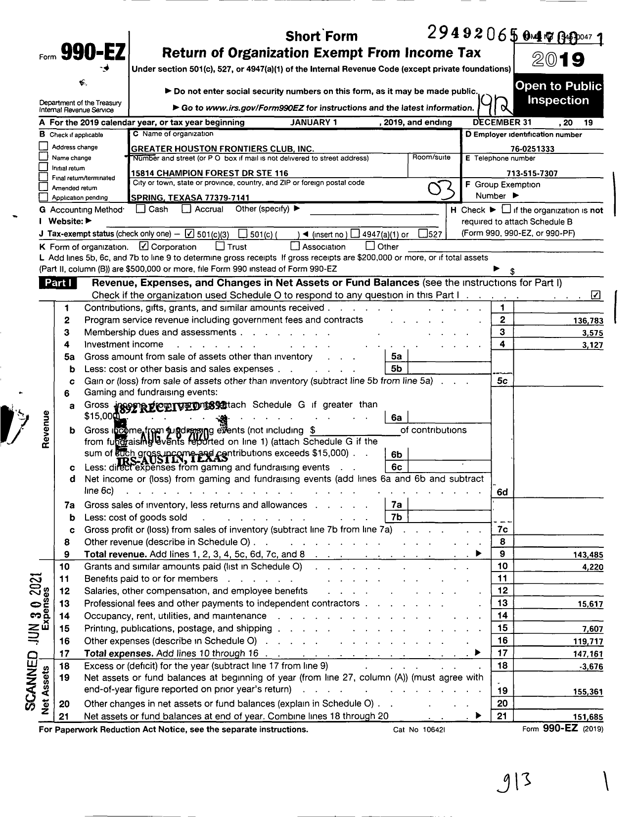 Image of first page of 2019 Form 990EZ for Greater Houston Frontiers Club