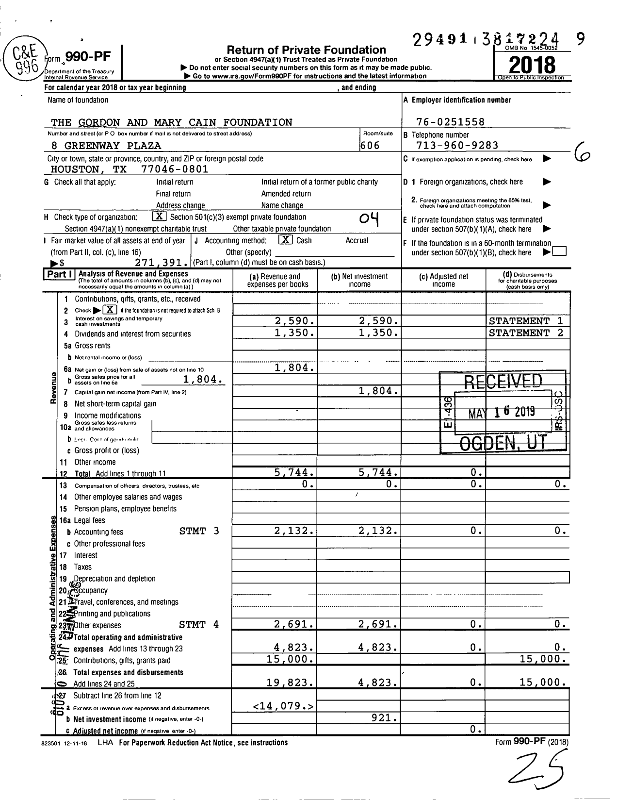 Image of first page of 2018 Form 990PF for The Gordon and Mary Cain Foundation