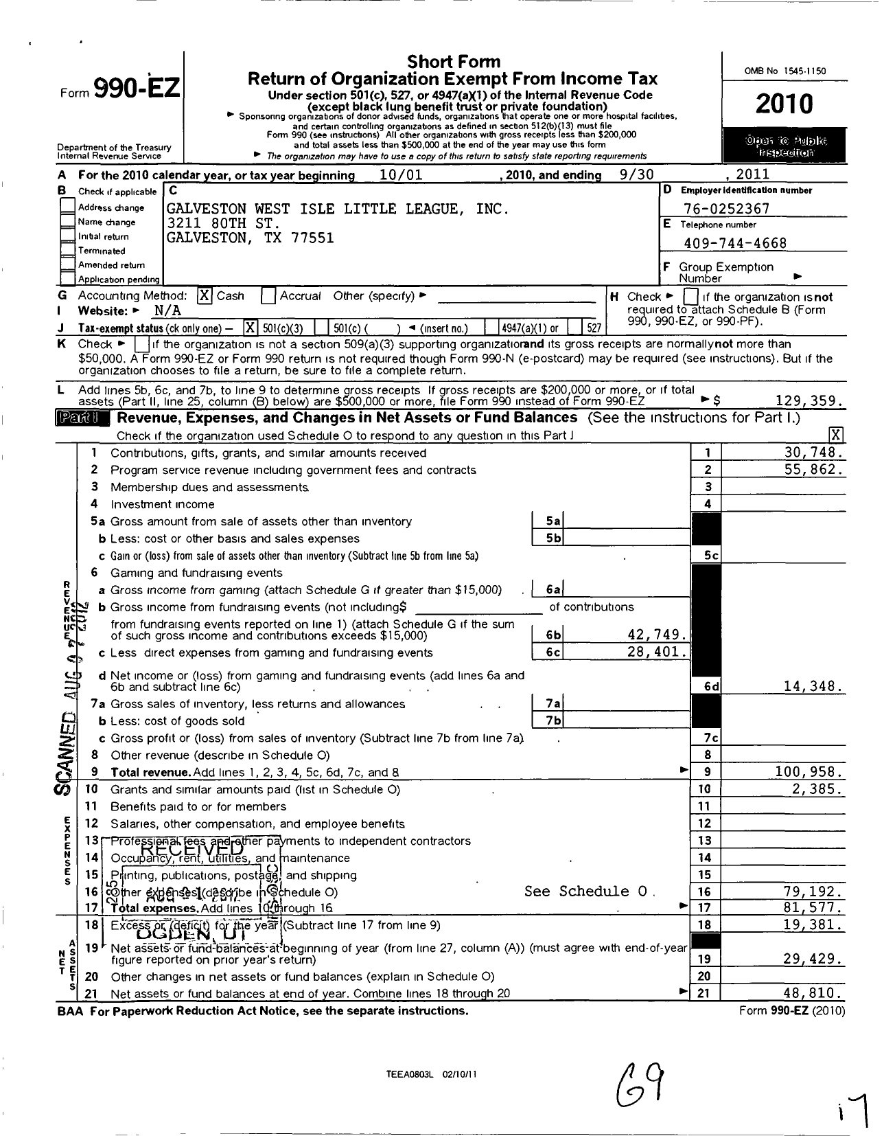 Image of first page of 2010 Form 990EZ for Little League Baseball - 3431409 Galveston West-Isle LL