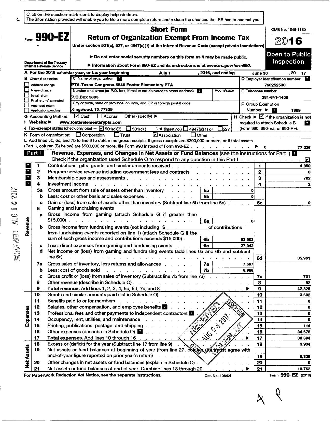 Image of first page of 2016 Form 990EZ for TEXAS PTA - 5440 Foster Elementary PTA