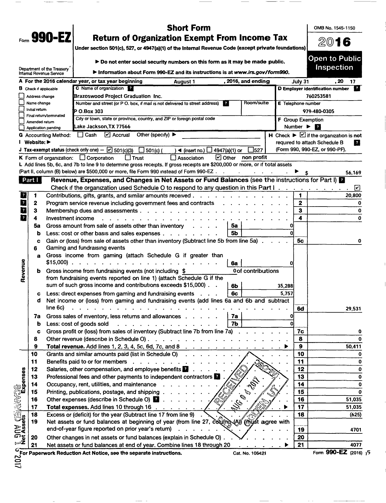 Image of first page of 2016 Form 990EZ for Brazoswood Project Graduation