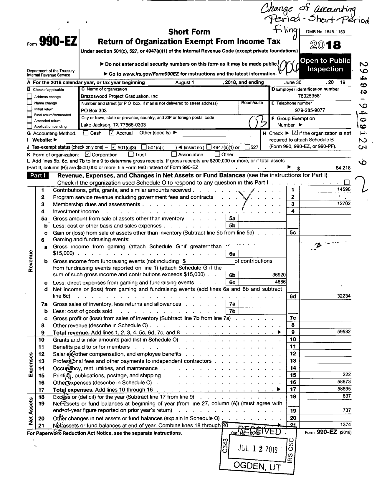 Image of first page of 2018 Form 990EZ for Brazoswood Project Graduation