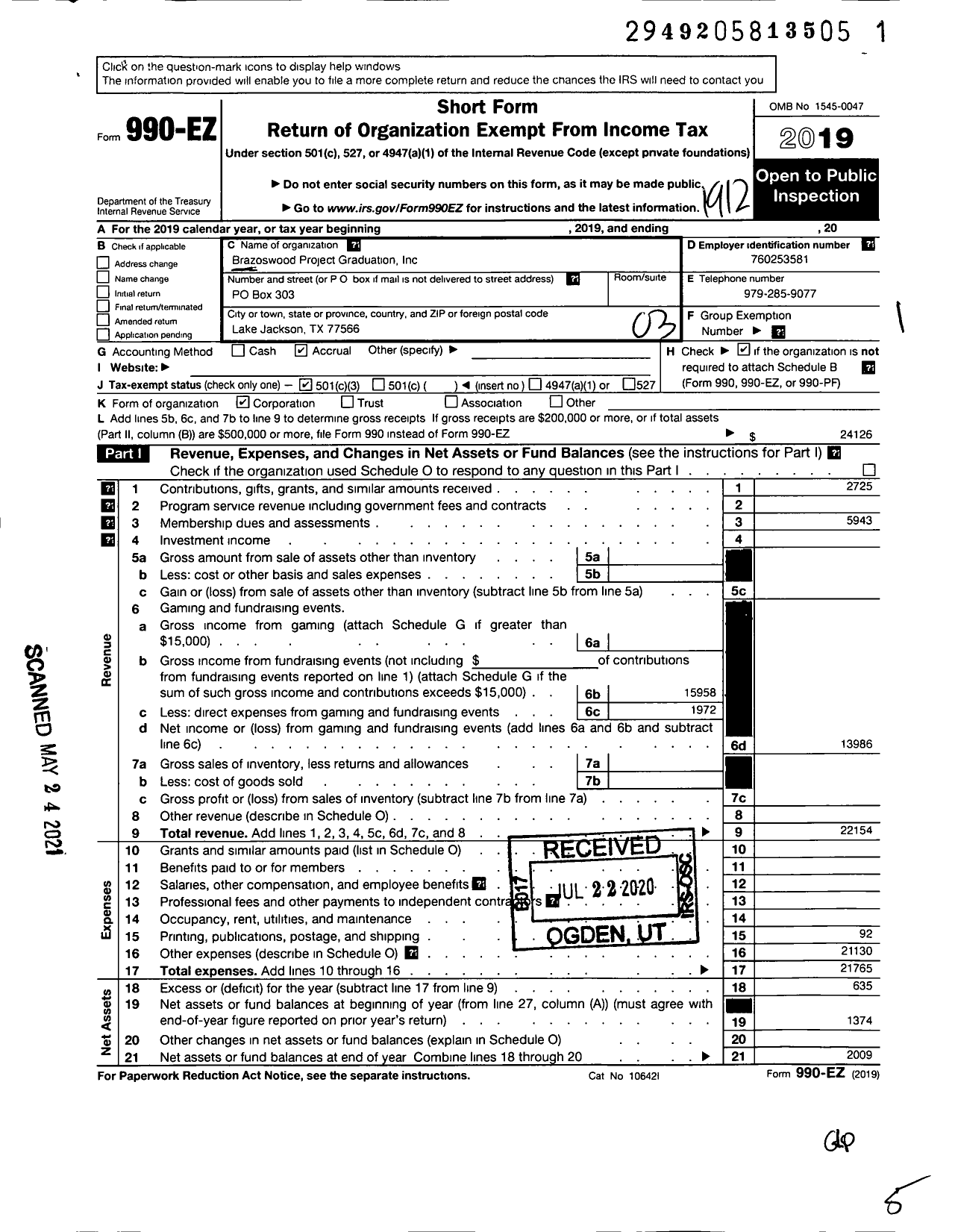 Image of first page of 2019 Form 990EZ for Brazoswood Project Graduation