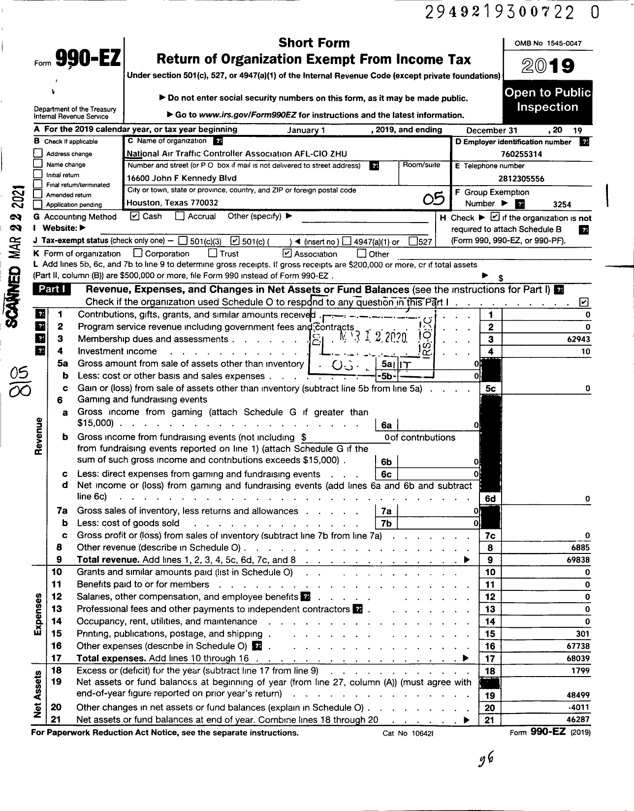 Image of first page of 2019 Form 990EO for National Air Traffic Controllers Association / Natca Local Zhu