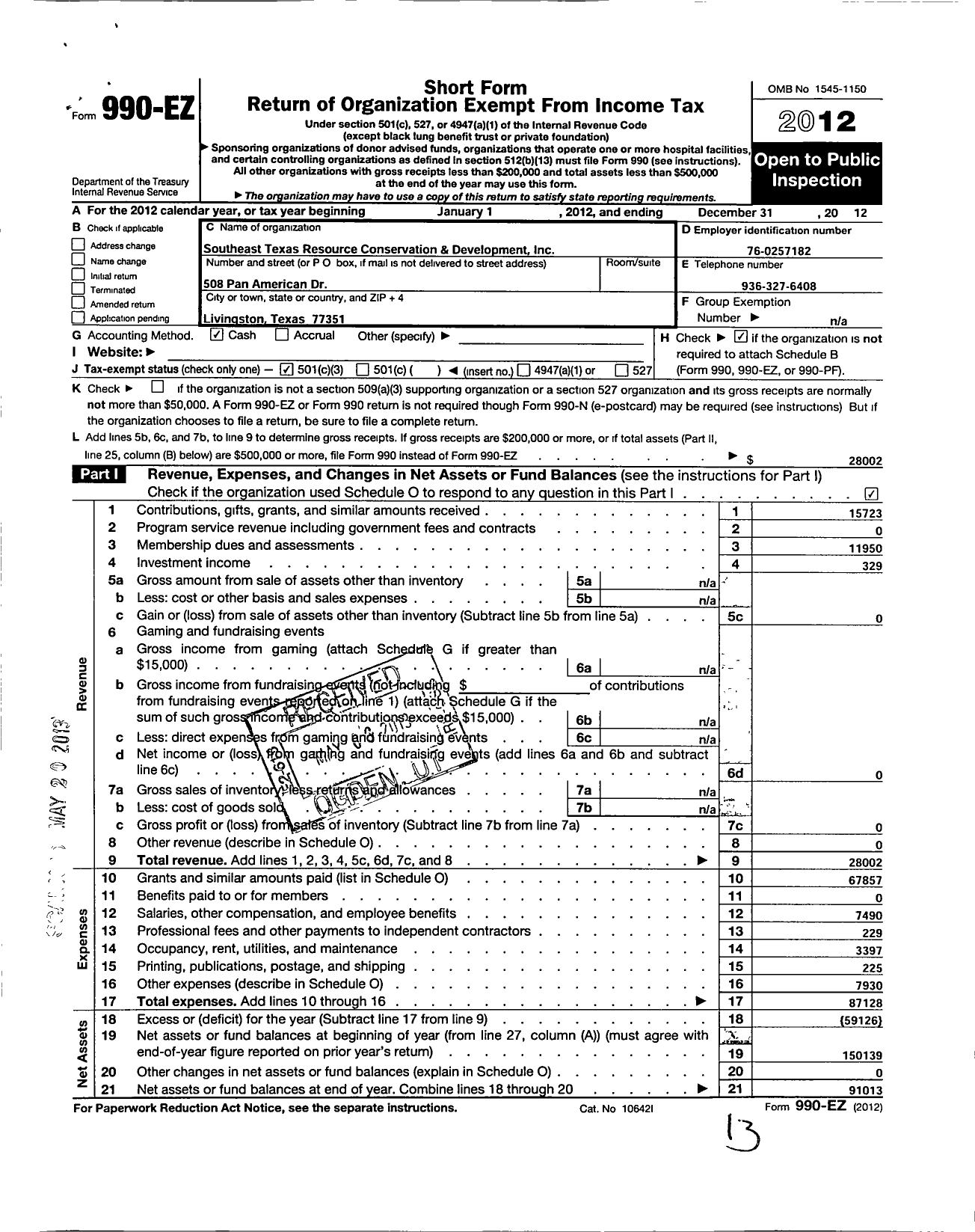 Image of first page of 2012 Form 990EZ for Southeast Texas Resource