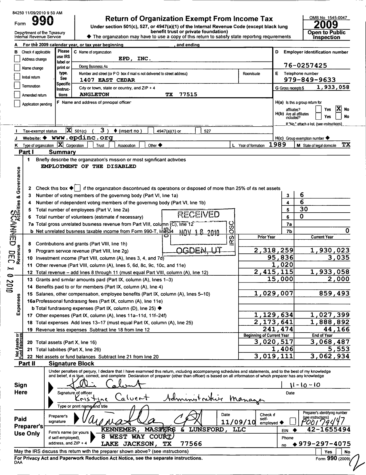 Image of first page of 2009 Form 990 for Epd