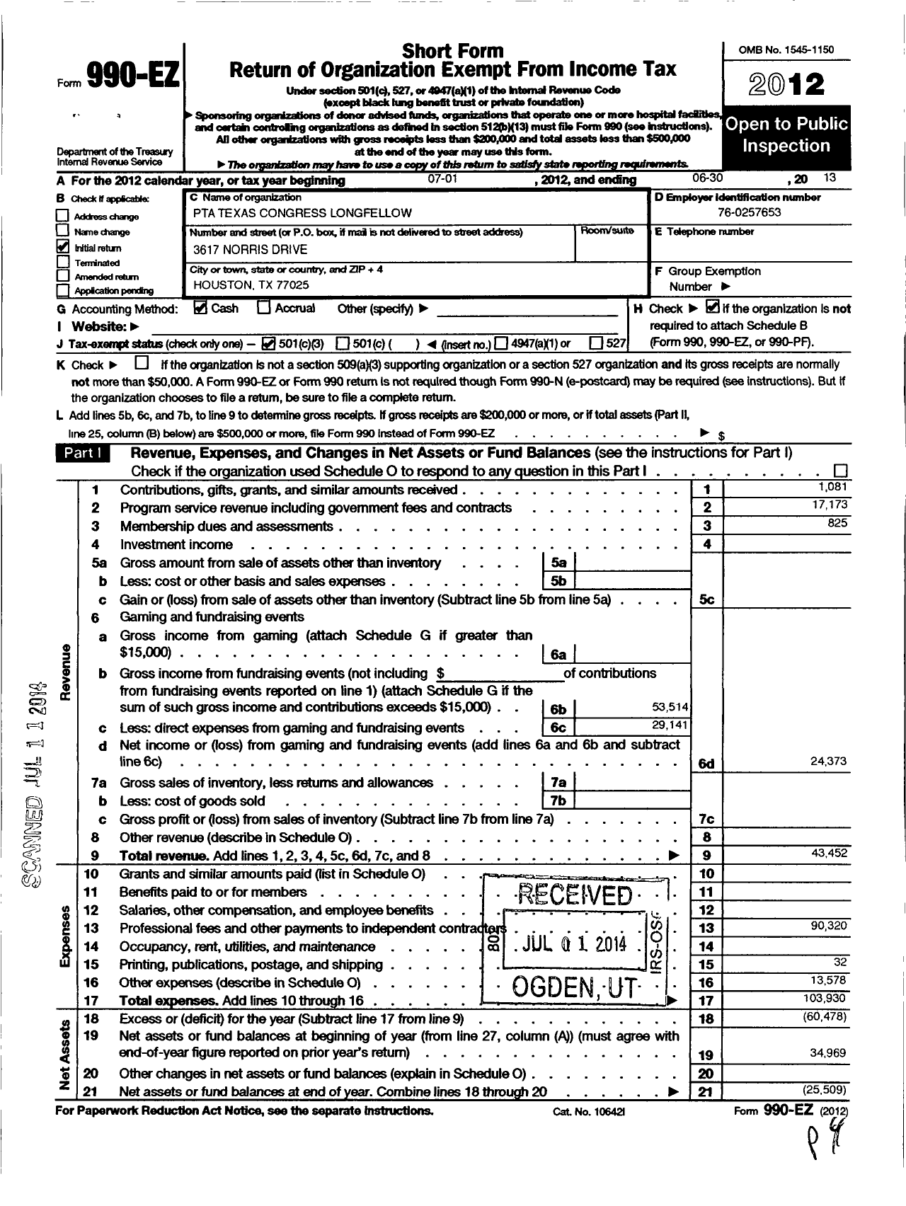 Image of first page of 2012 Form 990EZ for Texas PTA - 5016 Longfellow Elementary PTA