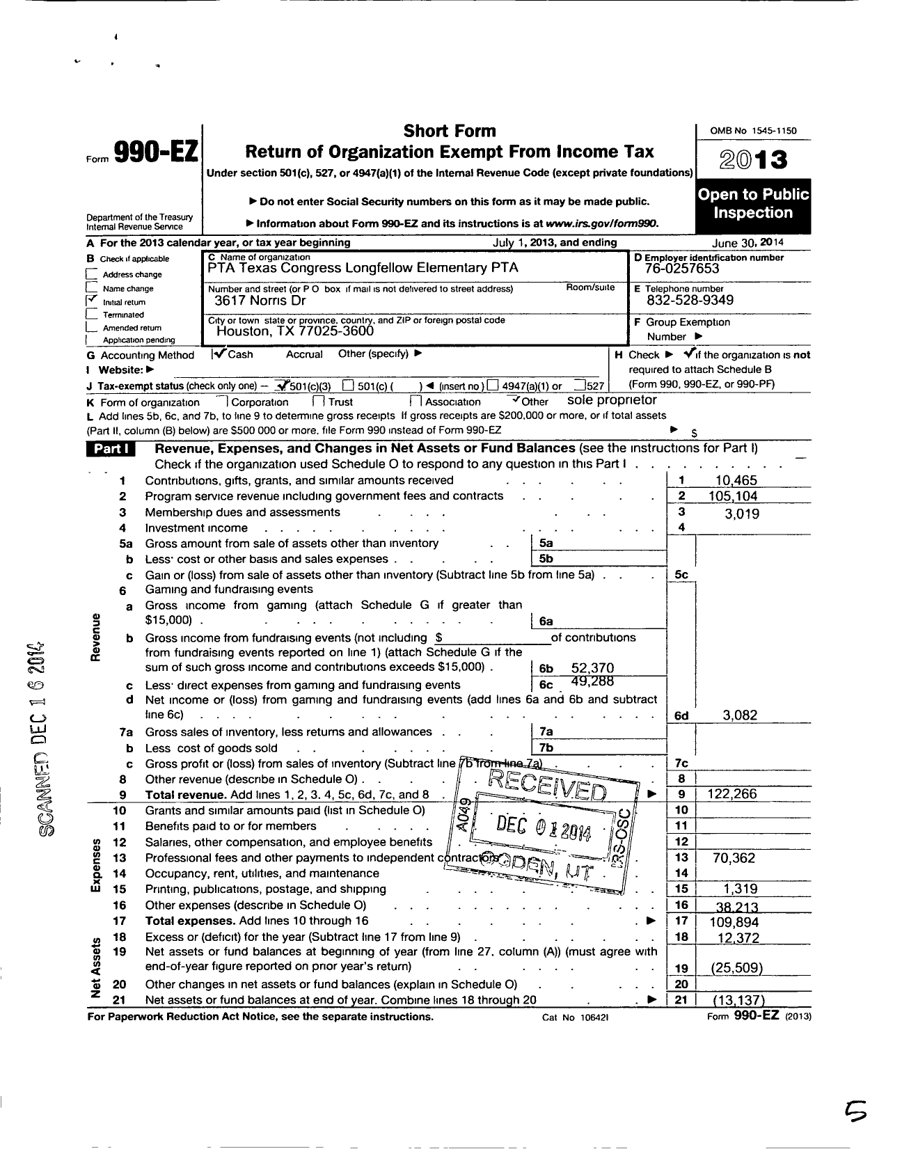 Image of first page of 2013 Form 990EZ for Texas PTA - 5016 Longfellow Elementary PTA