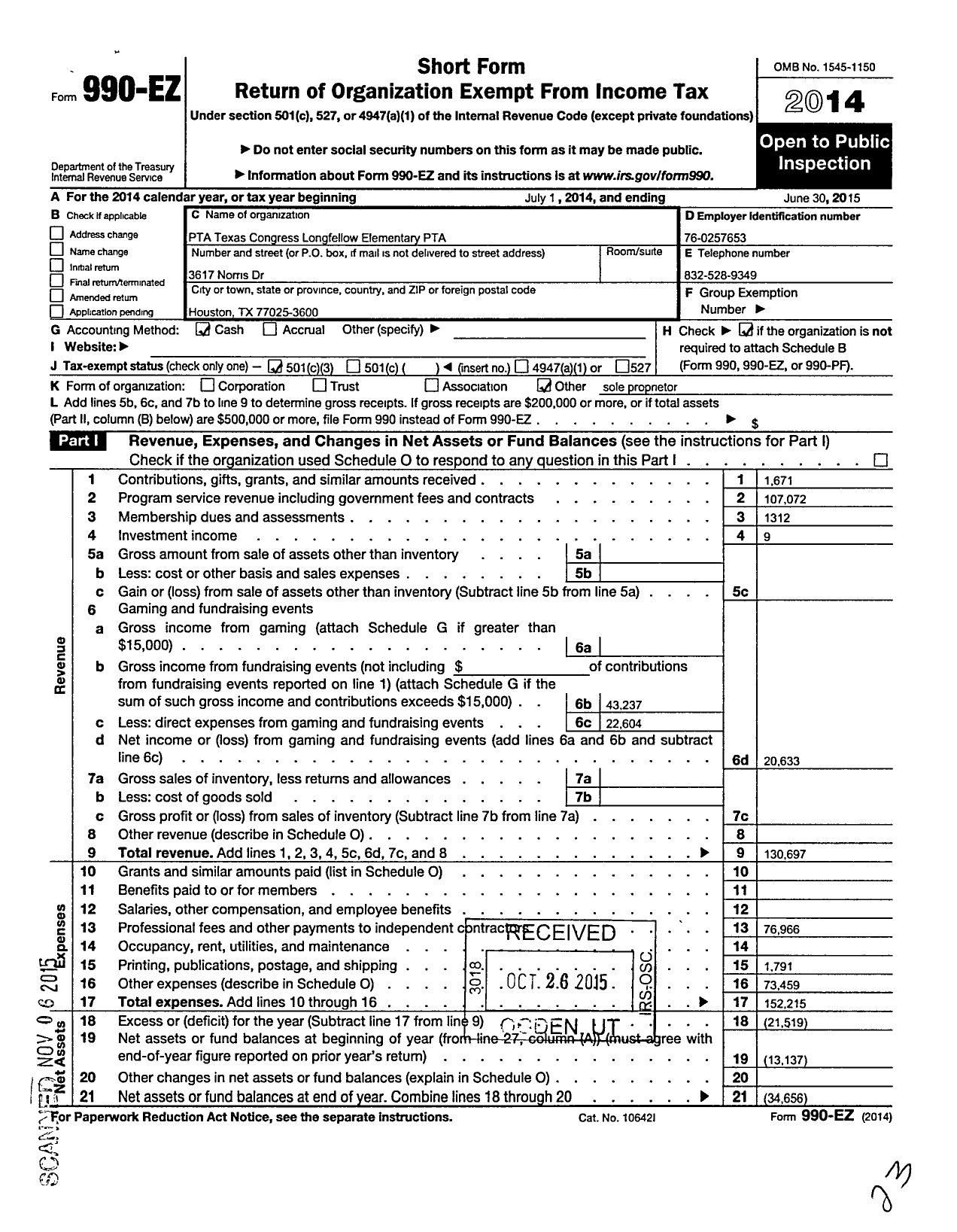 Image of first page of 2014 Form 990EZ for Texas PTA - 5016 Longfellow Elementary PTA