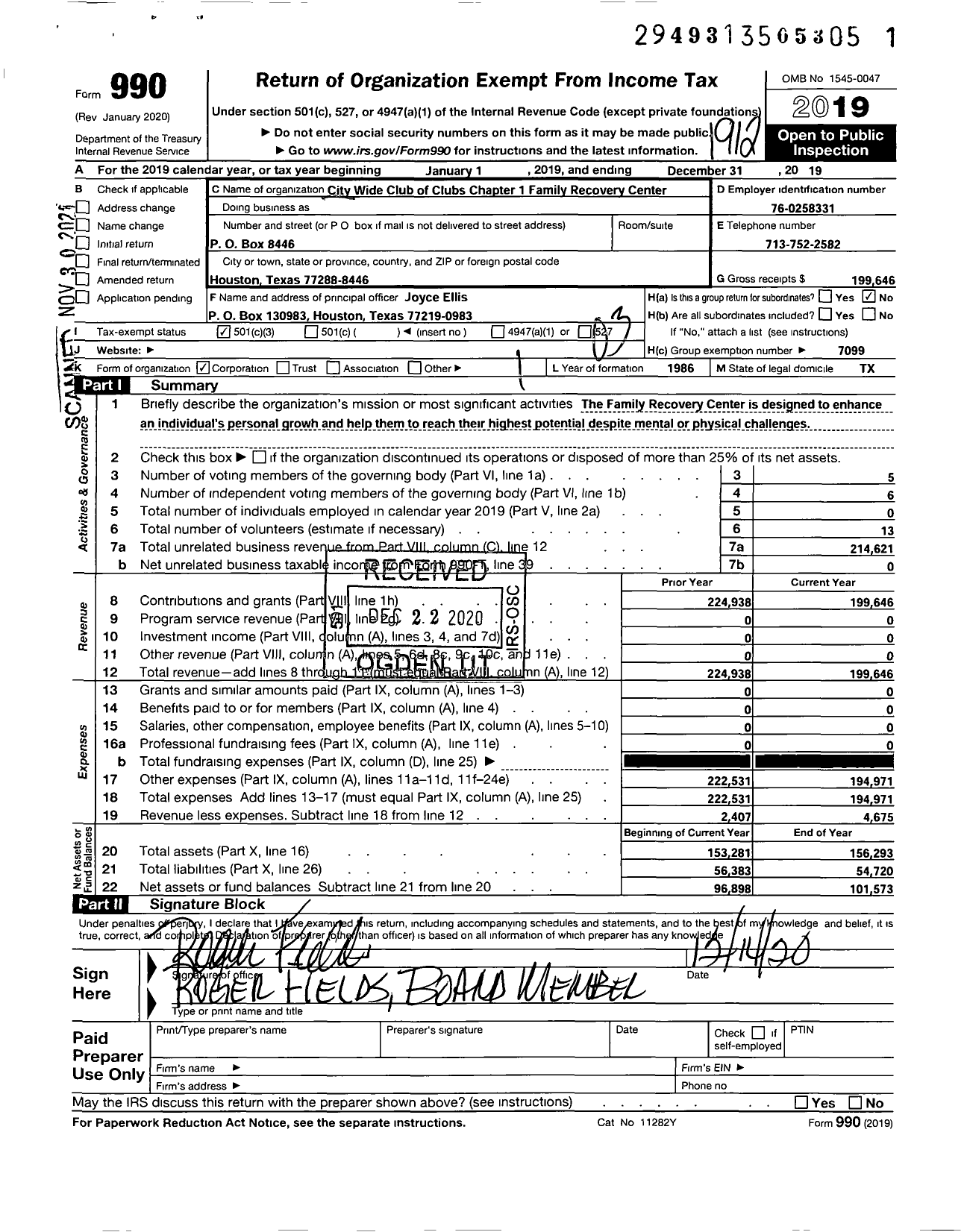 Image of first page of 2019 Form 990 for City Wide Club of Clubs - City Wide Club of Clubs Chapter 1 Family Recovery Center