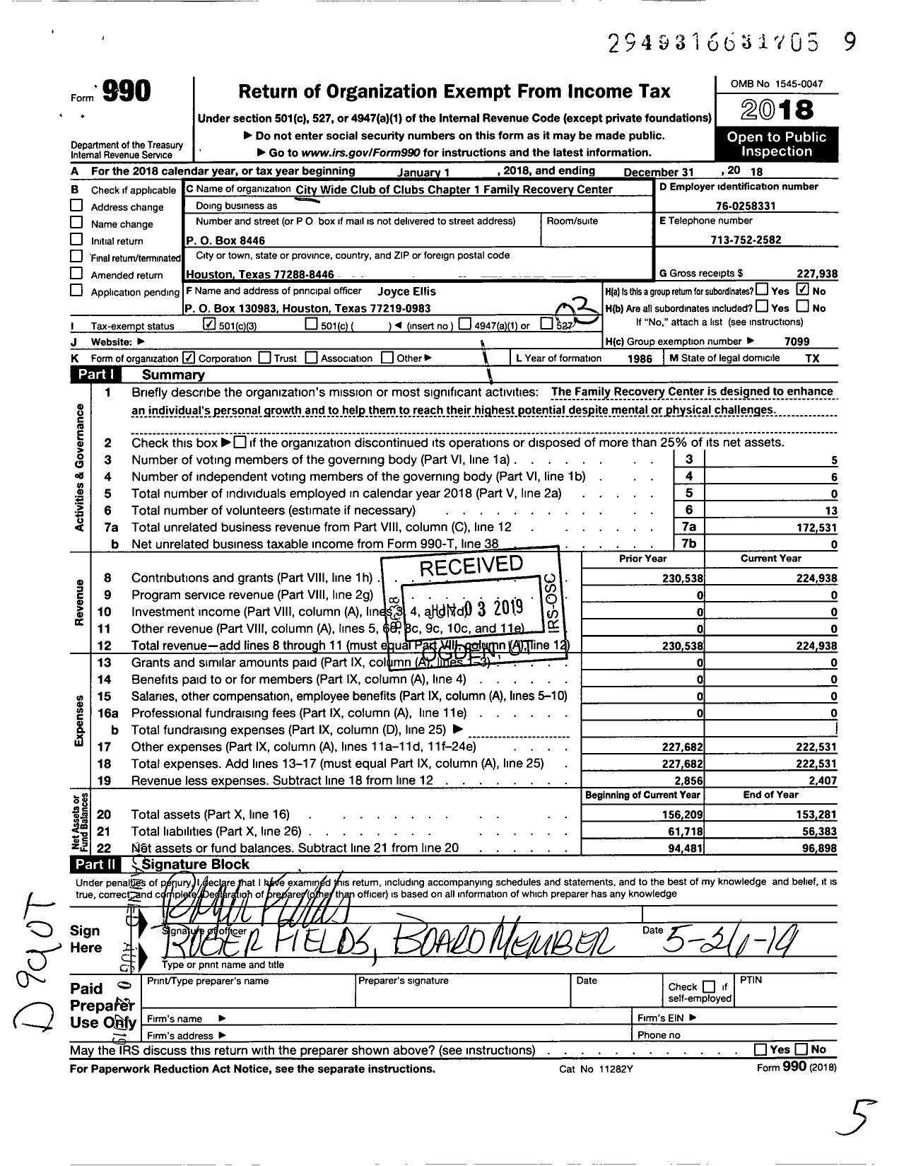 Image of first page of 2018 Form 990 for City Wide Club of Clubs - City Wide Club of Clubs Chapter 1 Family Recovery Center