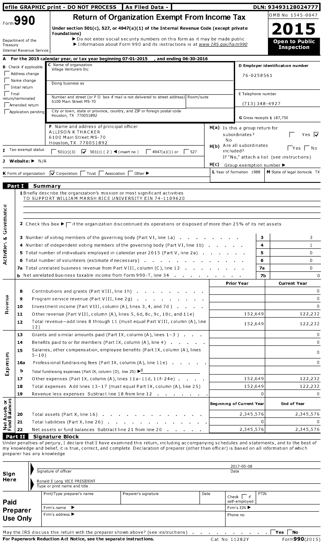 Image of first page of 2015 Form 990O for Village Venturers