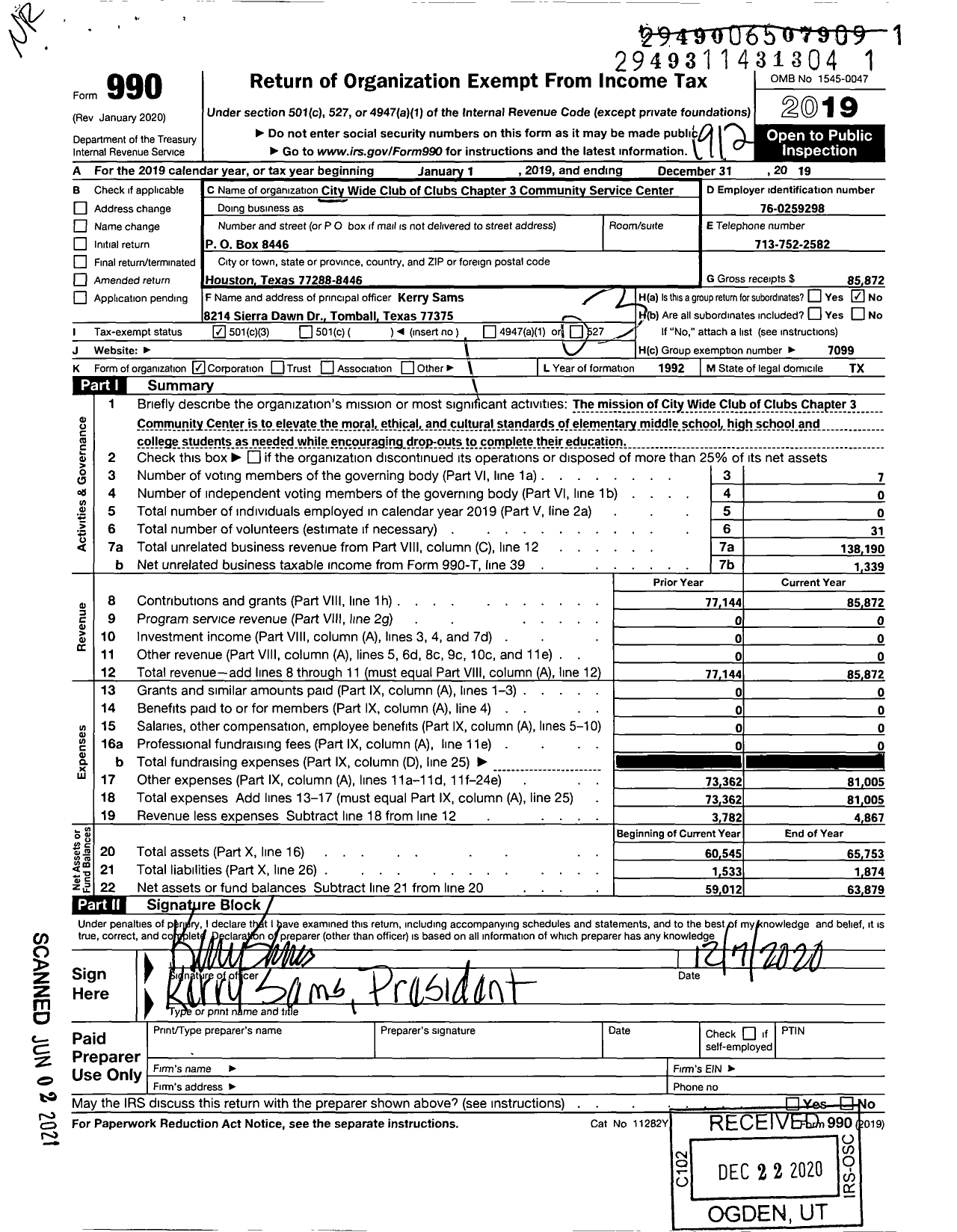 Image of first page of 2019 Form 990 for City Wide Club of Clubs - City Wide Club of Clubs Chapter 3 Community Service Center