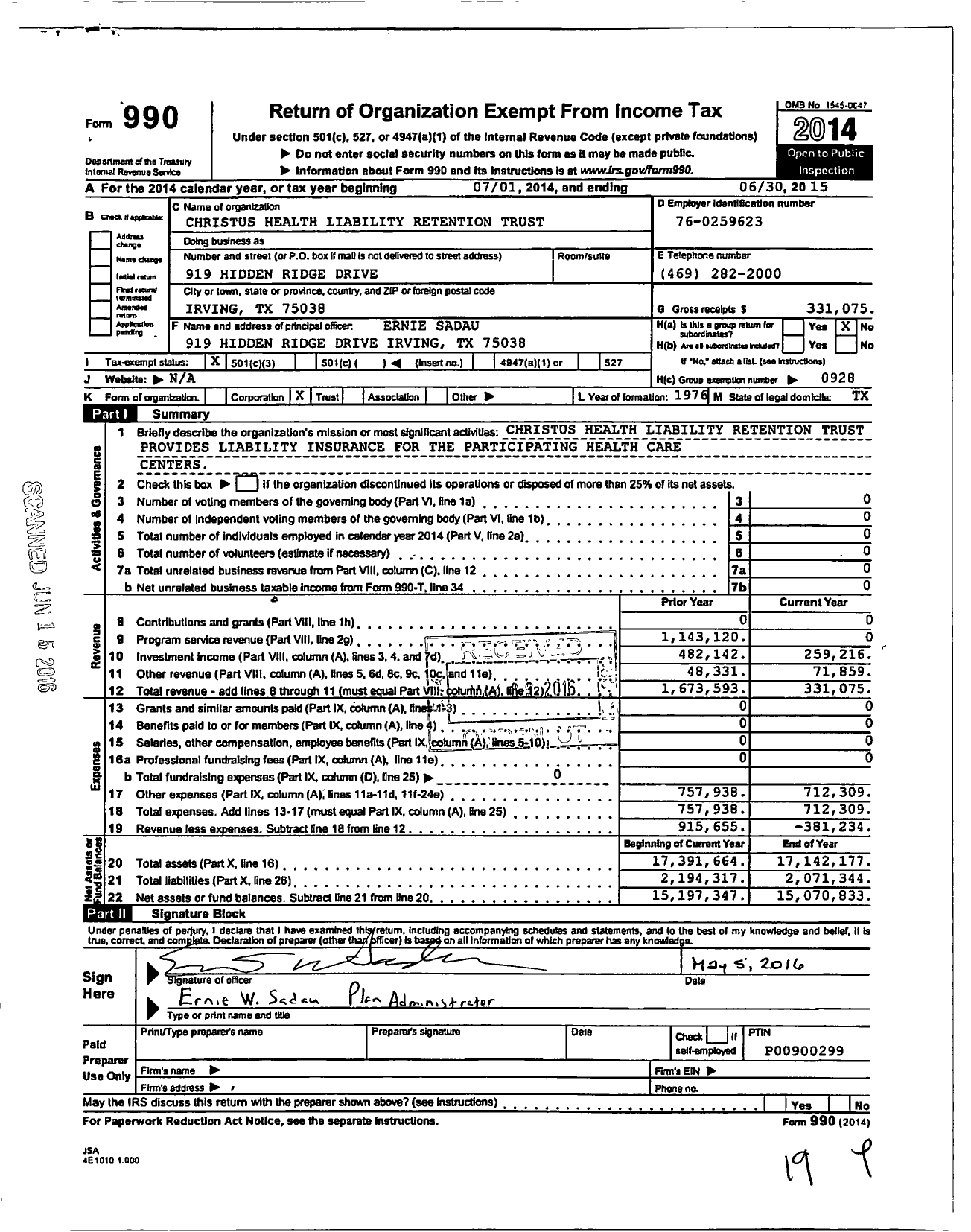 Image of first page of 2014 Form 990 for Christus Health Liability Retention Trust