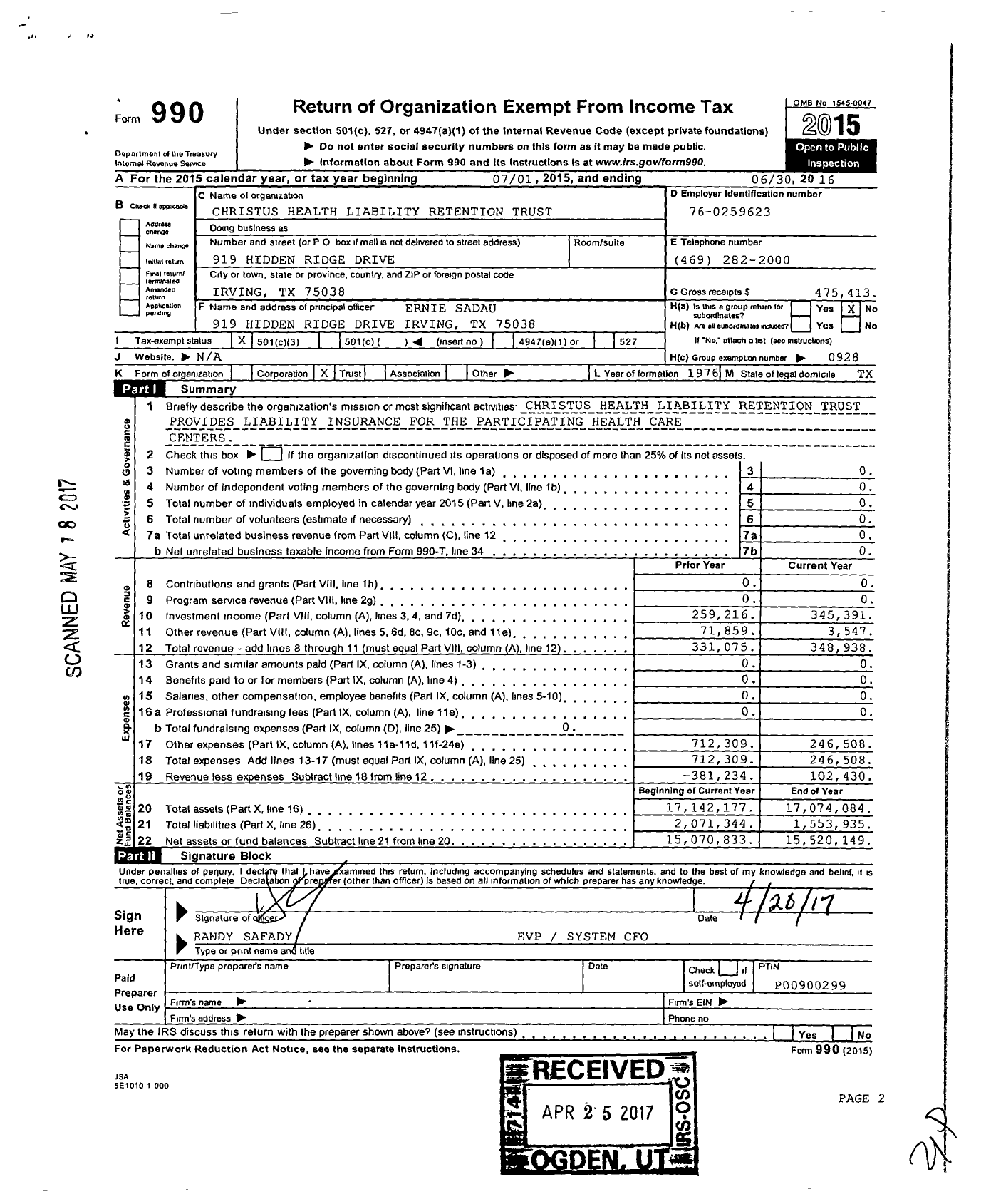 Image of first page of 2015 Form 990 for Christus Health Liability Retention Trust
