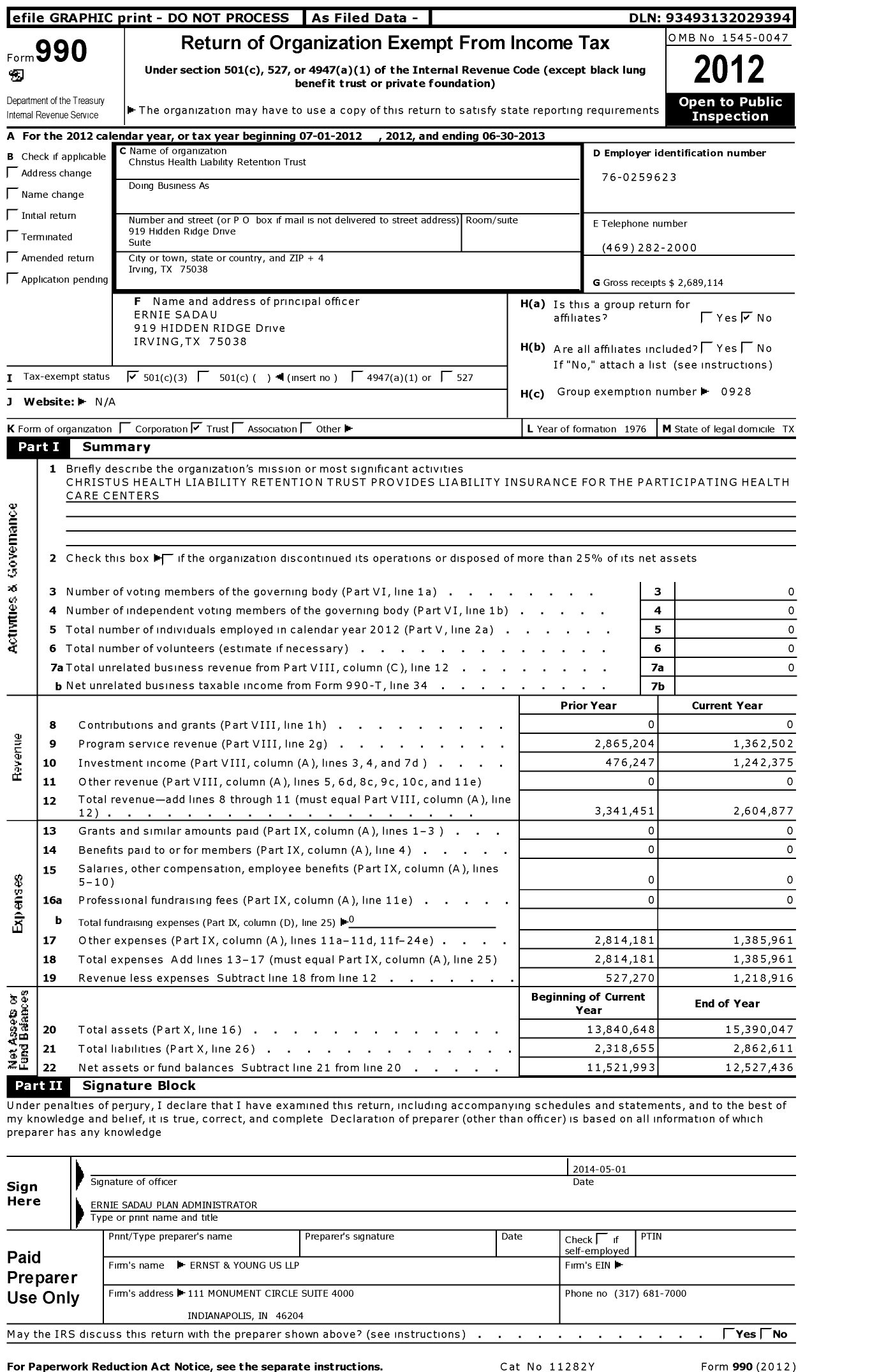 Image of first page of 2012 Form 990 for Christus Health Liability Retention Trust