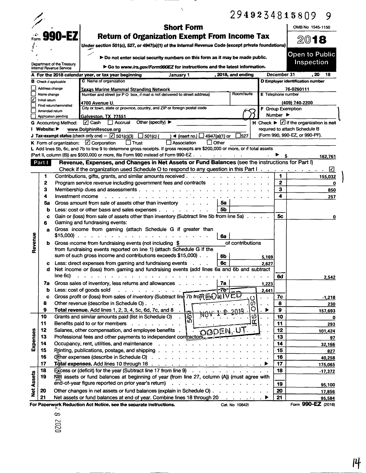 Image of first page of 2018 Form 990EZ for Texas Marine Mammal Stranding Network (TMMSN)