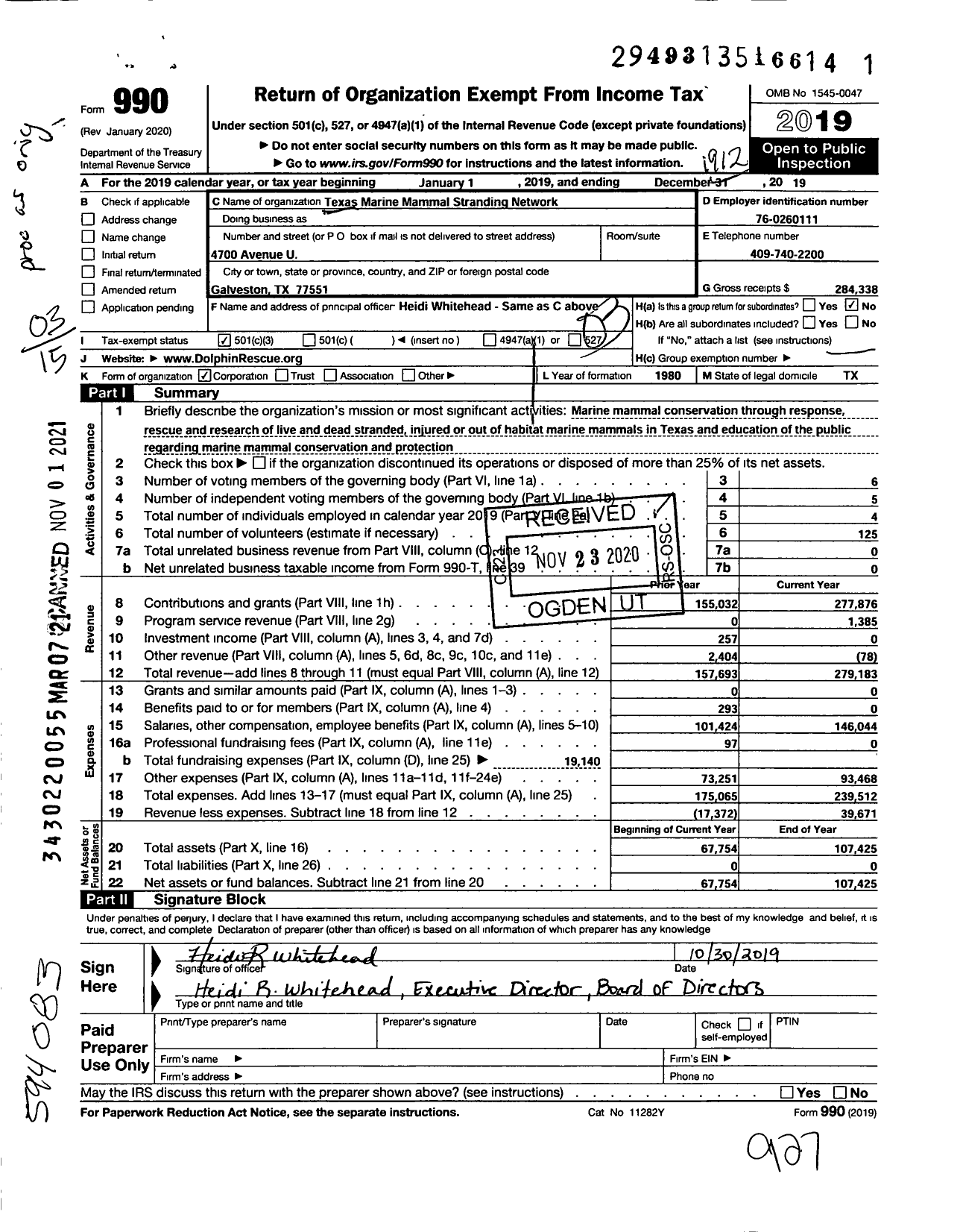 Image of first page of 2019 Form 990 for Texas Marine Mammal Stranding Network (TMMSN)