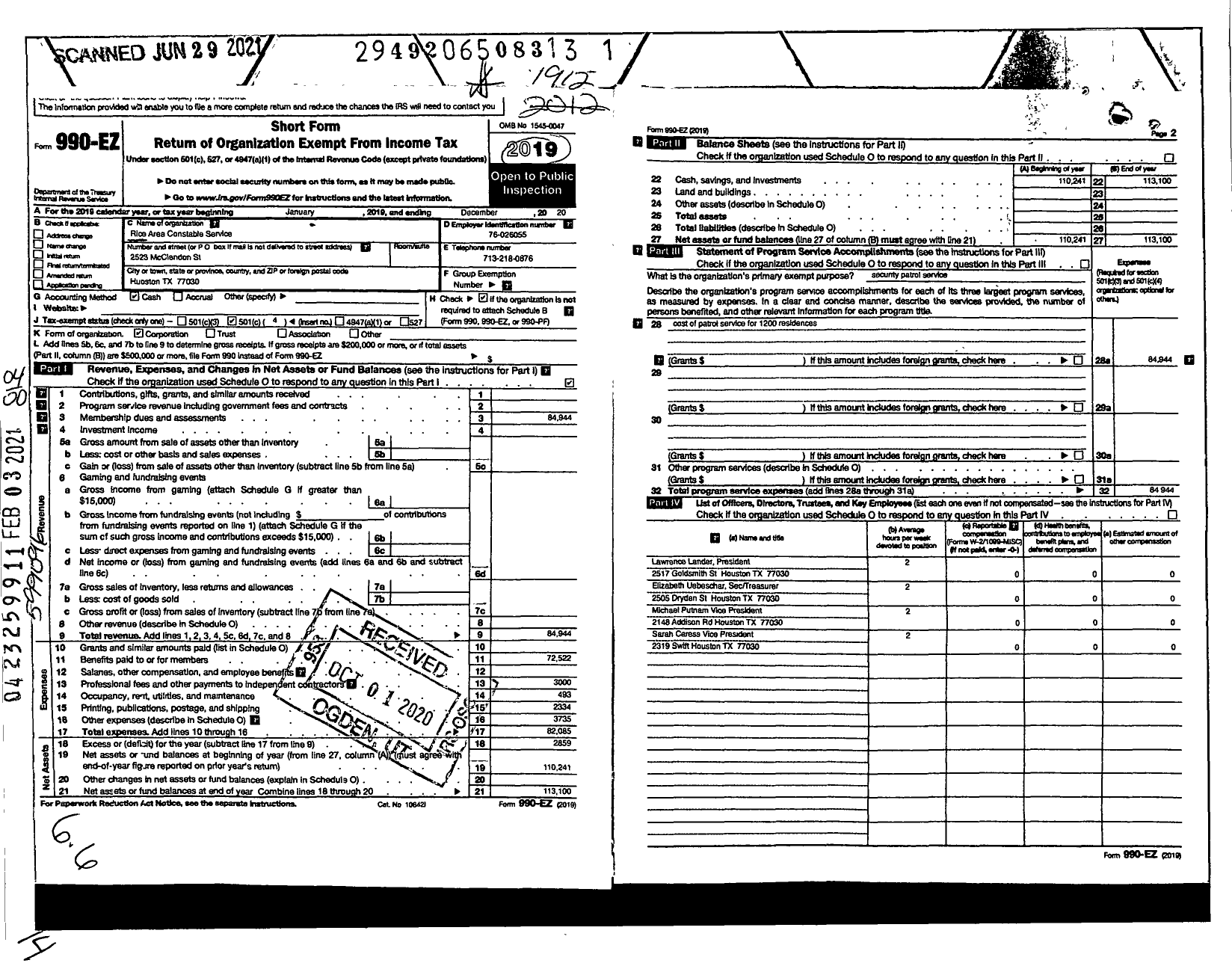 Image of first page of 2019 Form 990EO for Rice Area Constable Service