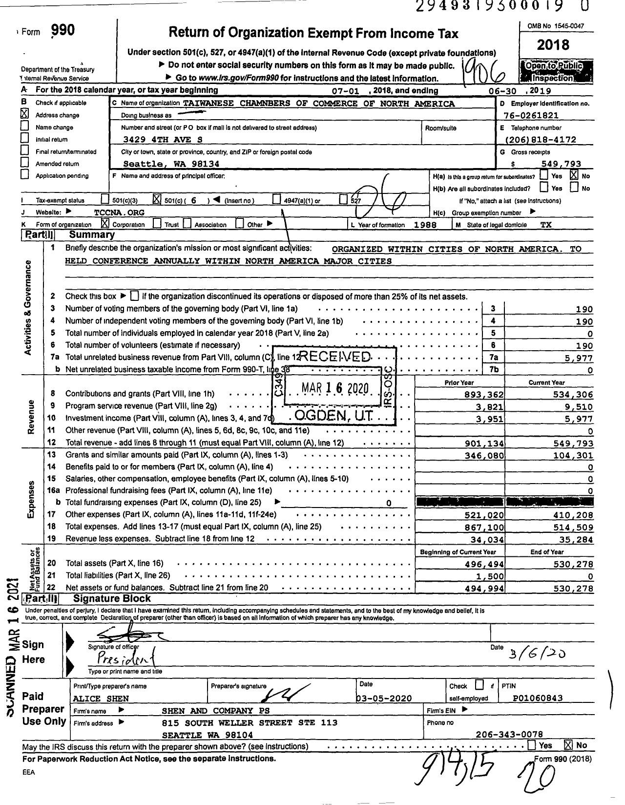 Image of first page of 2018 Form 990O for Taiwanese Chambers of Commerce of North America