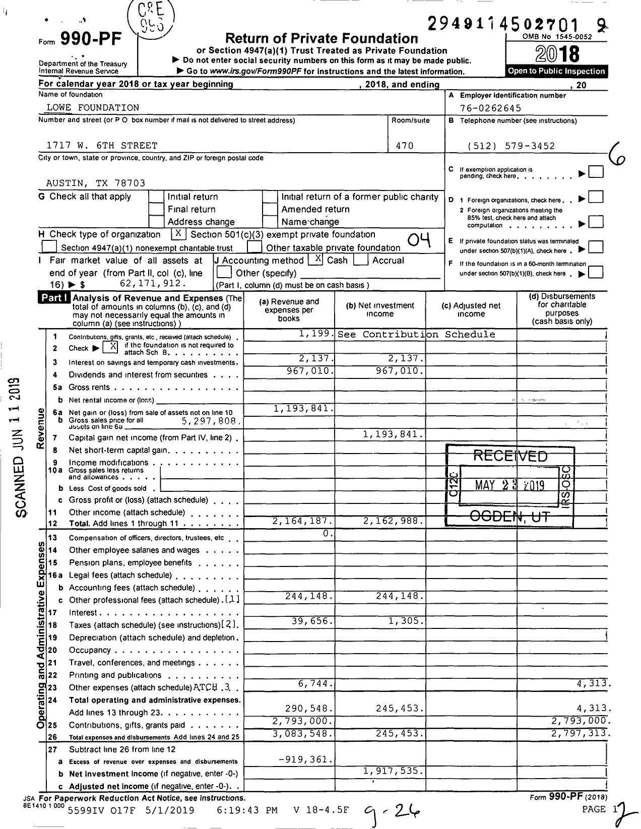 Image of first page of 2018 Form 990PF for Lowe Foundation