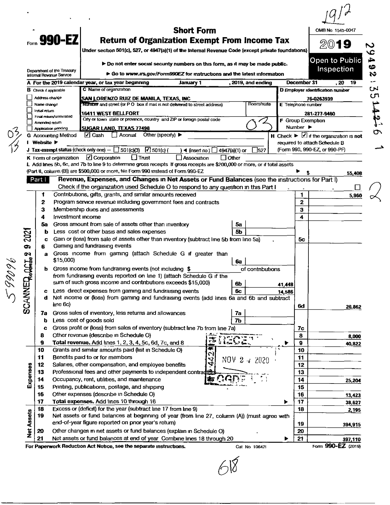 Image of first page of 2019 Form 990EZ for San Lorenzo Ruiz de Manila Texas