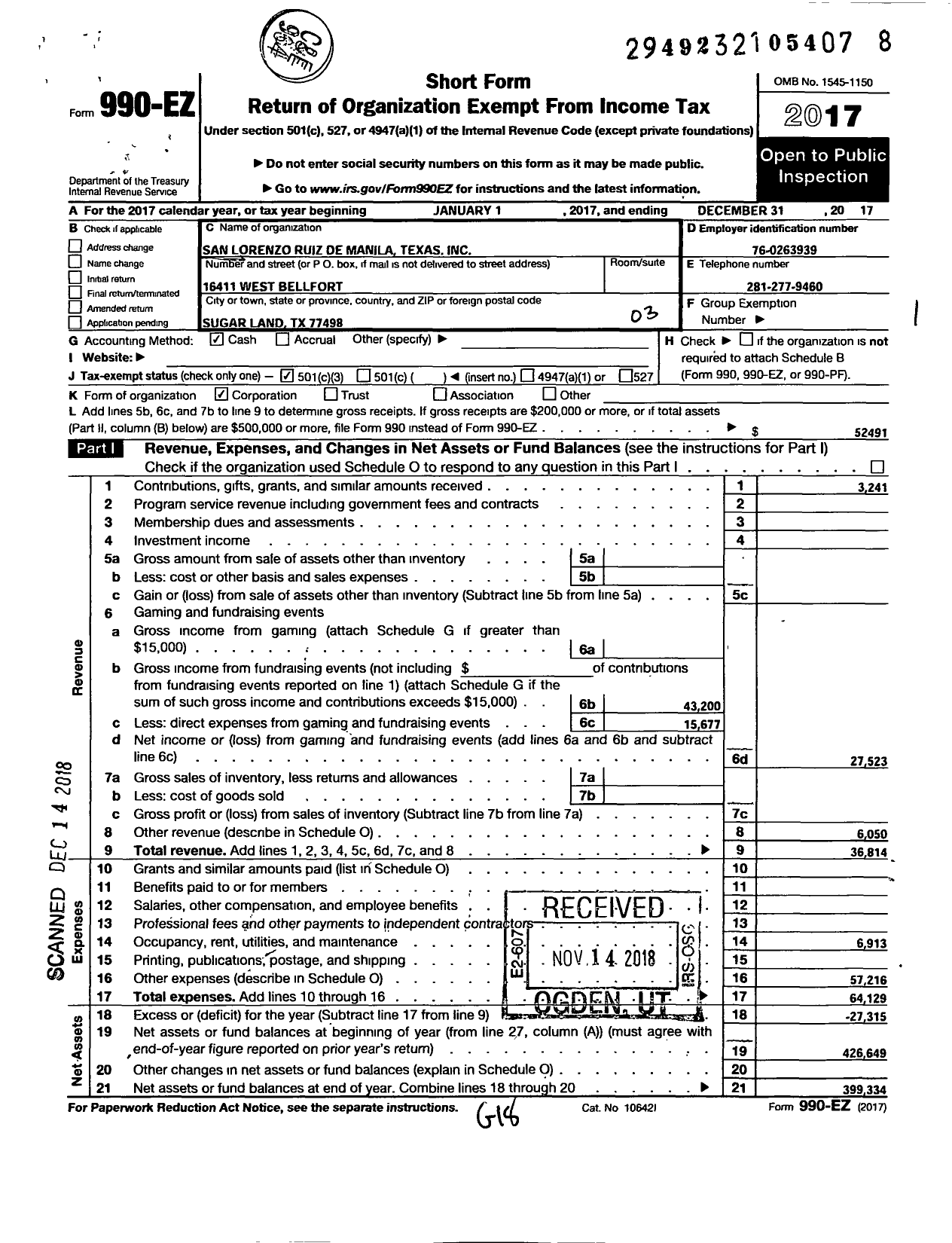 Image of first page of 2017 Form 990EZ for San Lorenzo Ruiz de Manila Texas