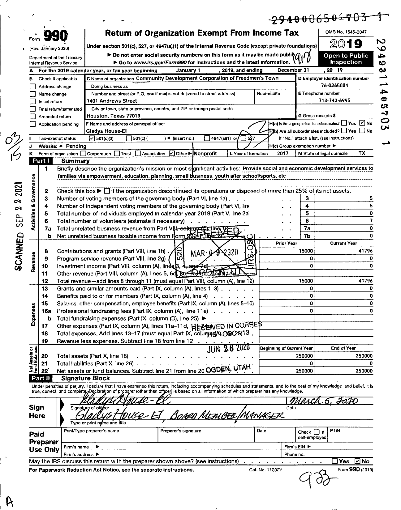 Image of first page of 2019 Form 990 for Community Development Corporation of Freedmens S Town