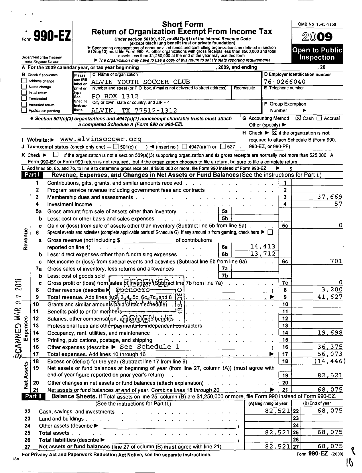 Image of first page of 2009 Form 990EO for South Texas Youth Soccer Association / Alvin Youth Soccer Club