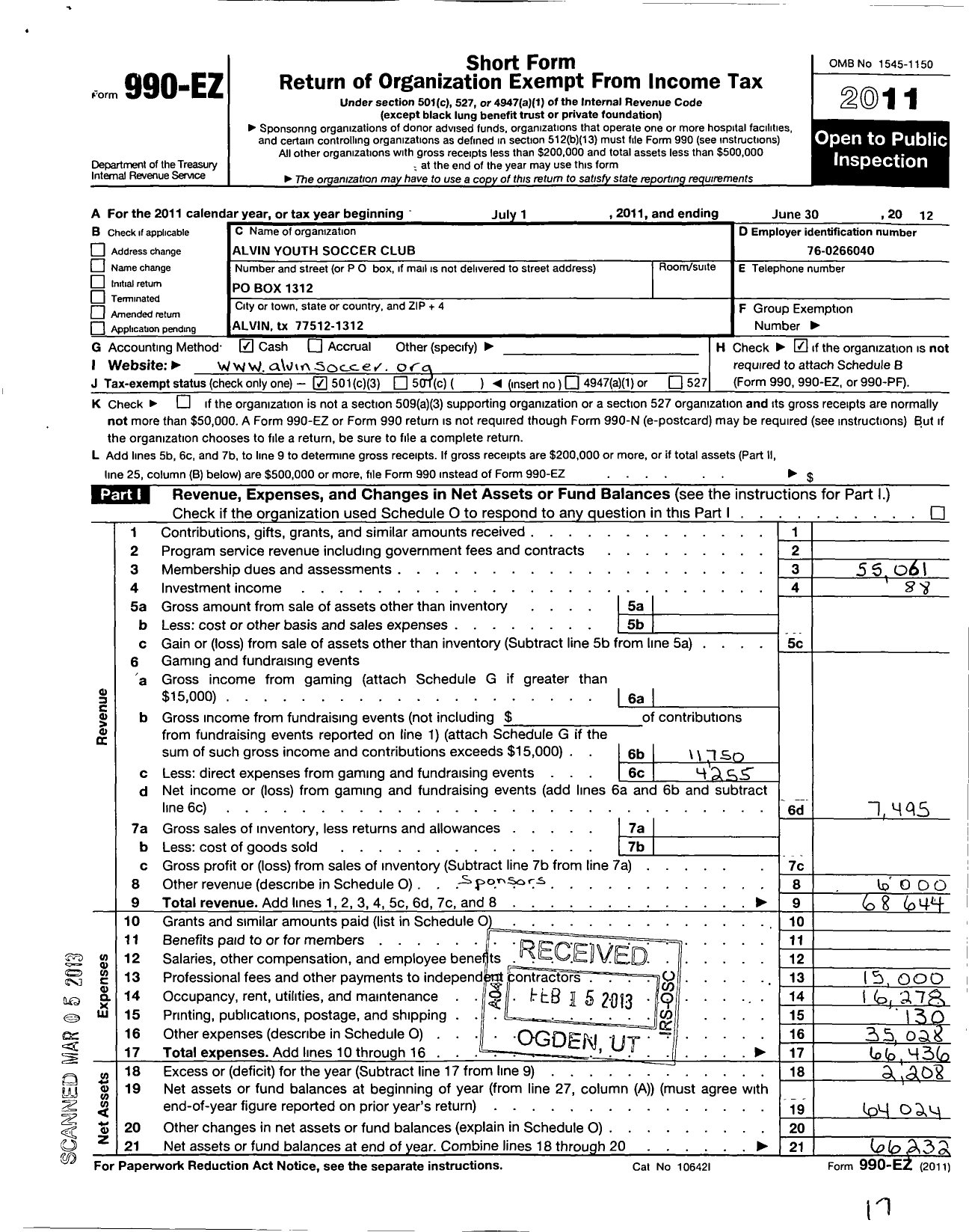 Image of first page of 2011 Form 990EZ for South Texas Youth Soccer Association / Alvin Youth Soccer Club