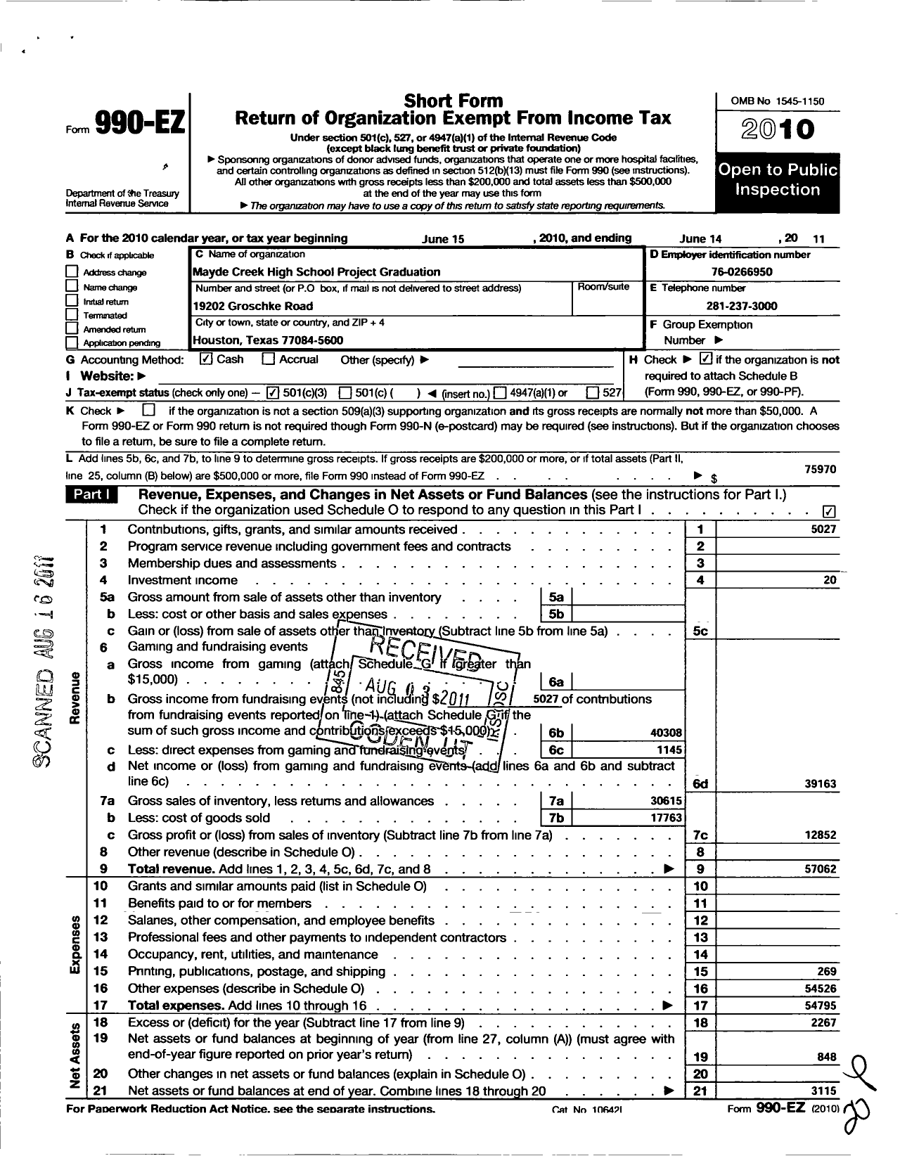 Image of first page of 2010 Form 990EZ for Mayde Creek Project Graduation